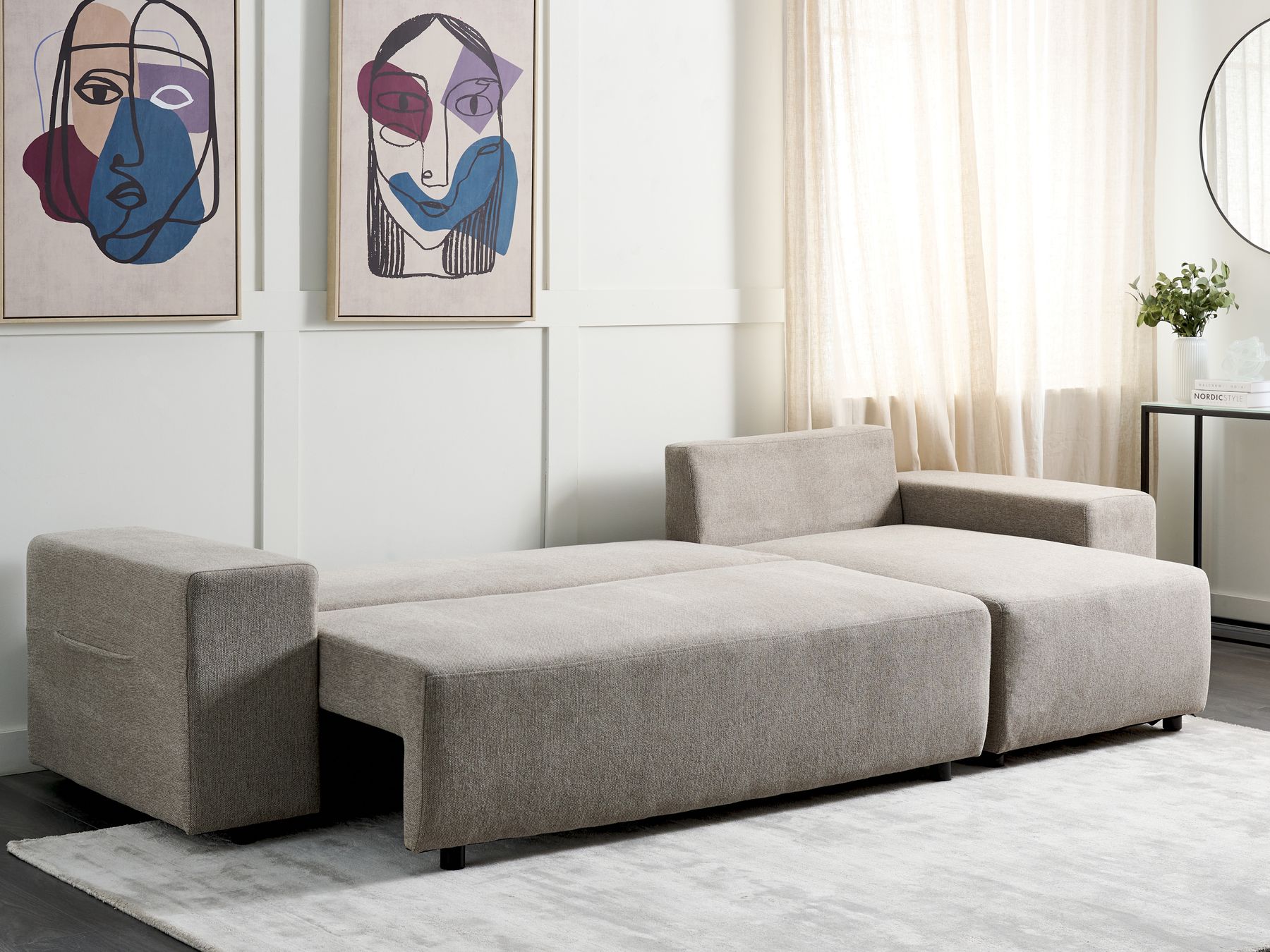 Corner Sofa Bed LUSPA Fabric Taupe with Storage 3 Seater Left Hand