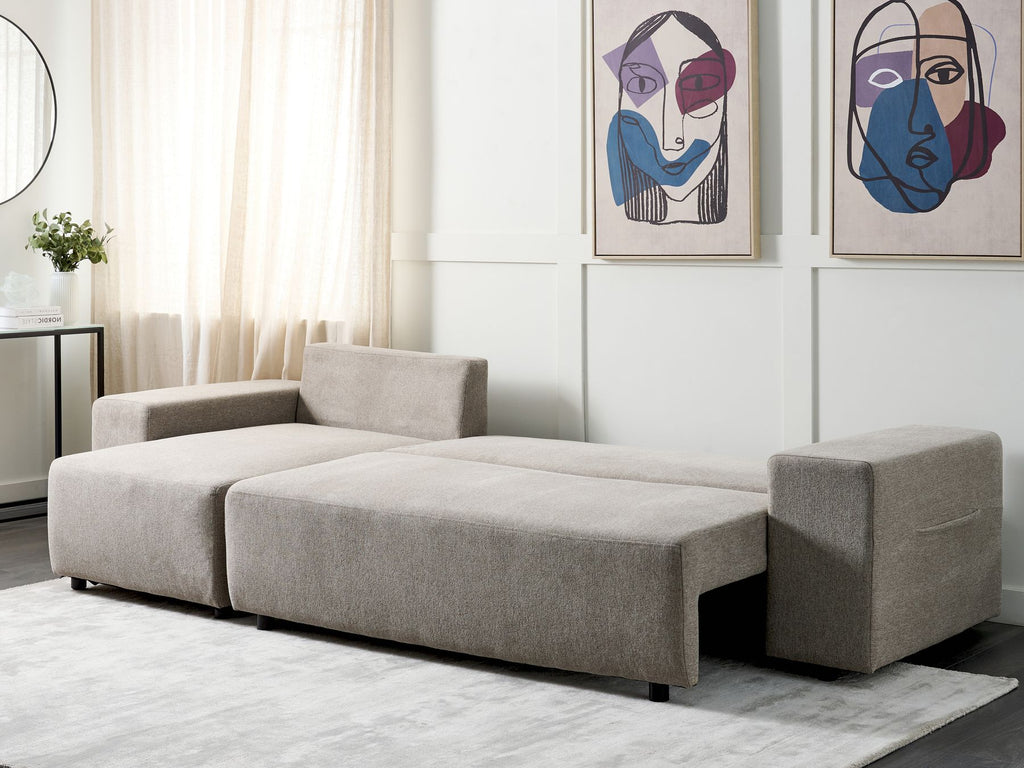 Corner Sofa Bed LUSPA Fabric Taupe with Storage 3 Seater Right Hand