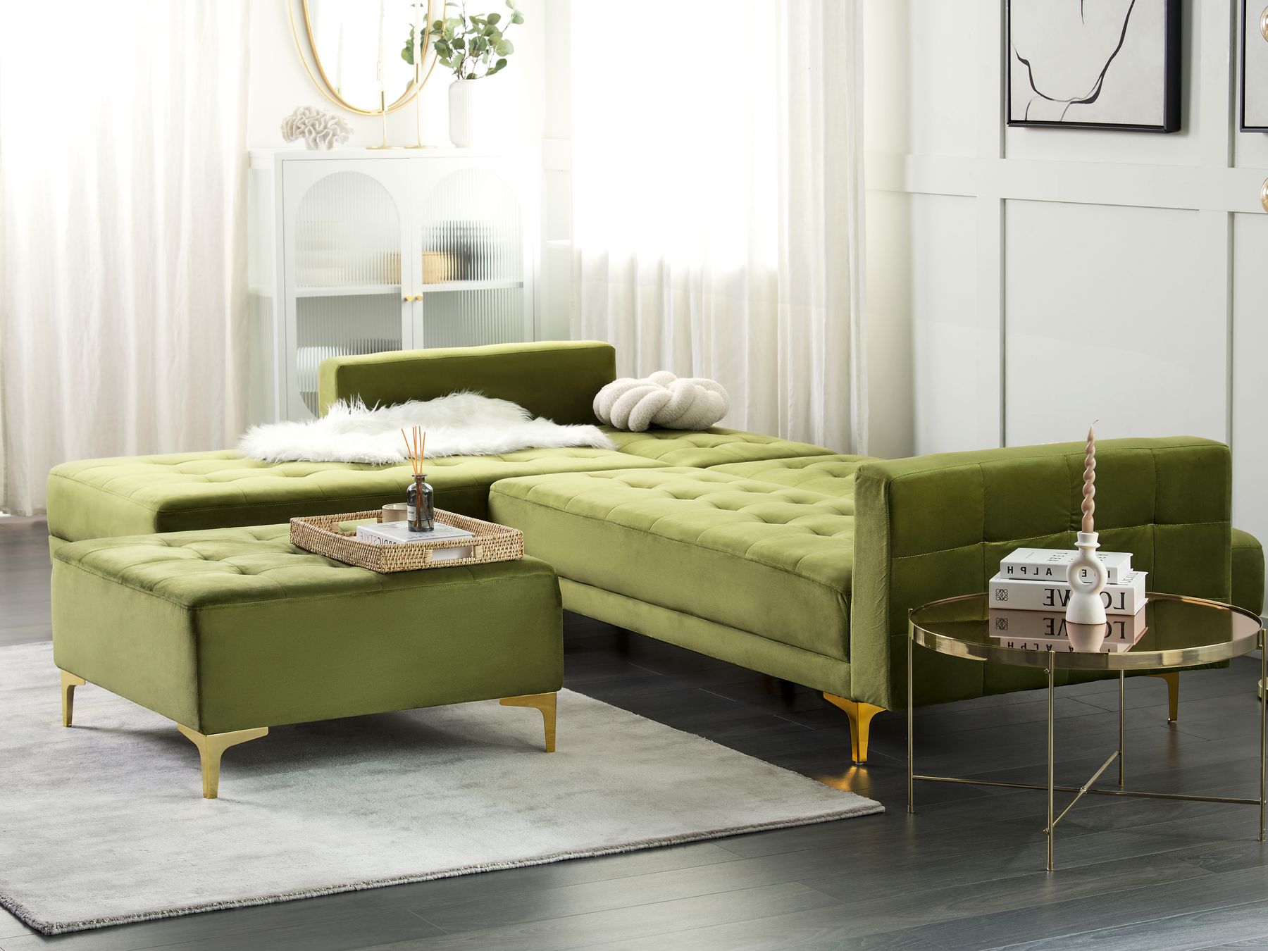 Modular Corner Sofa Bed ABERDEEN Velvet Green 4 Seater Right Hand