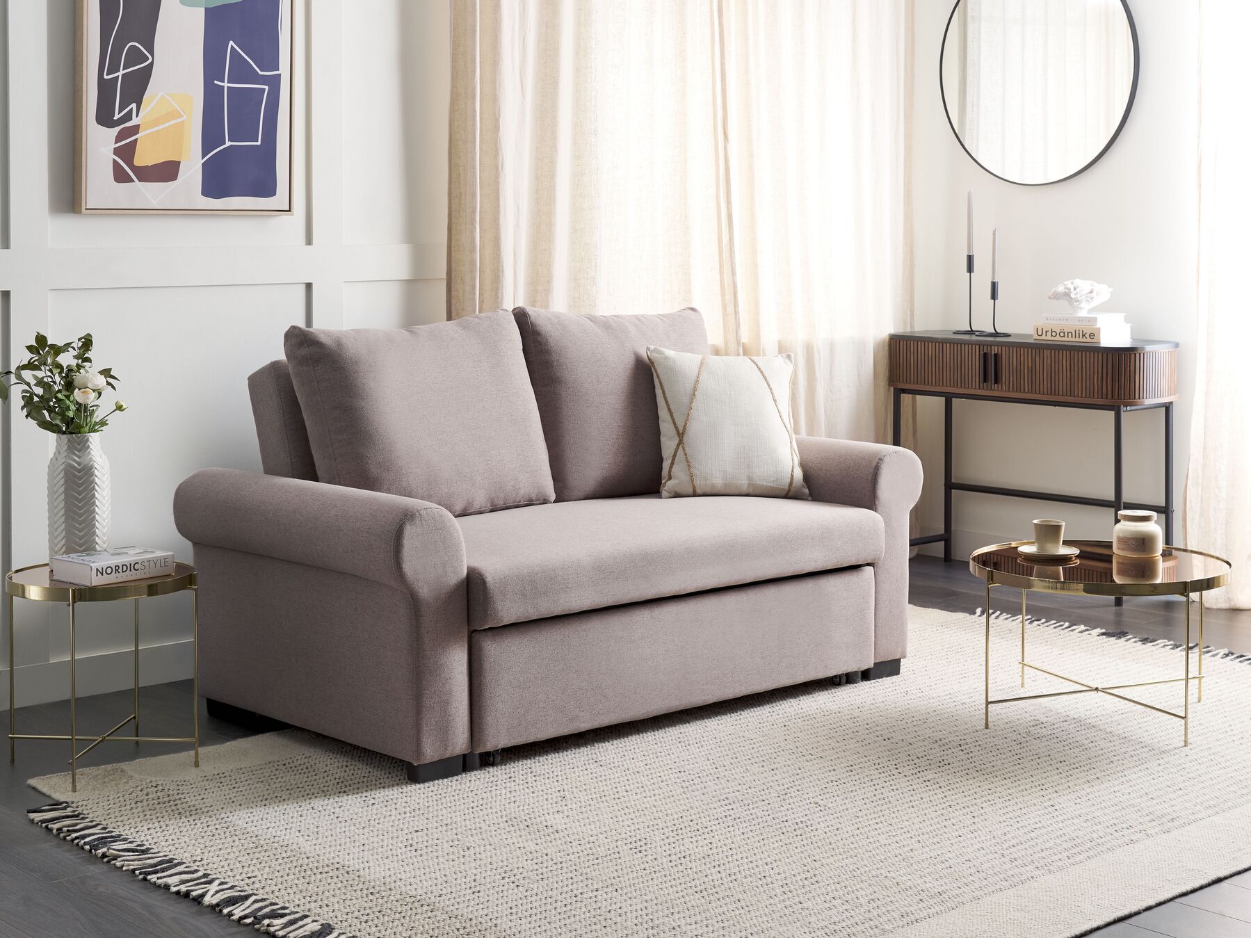Sofa Bed SILDA Fabric Light Brown 2 Seater