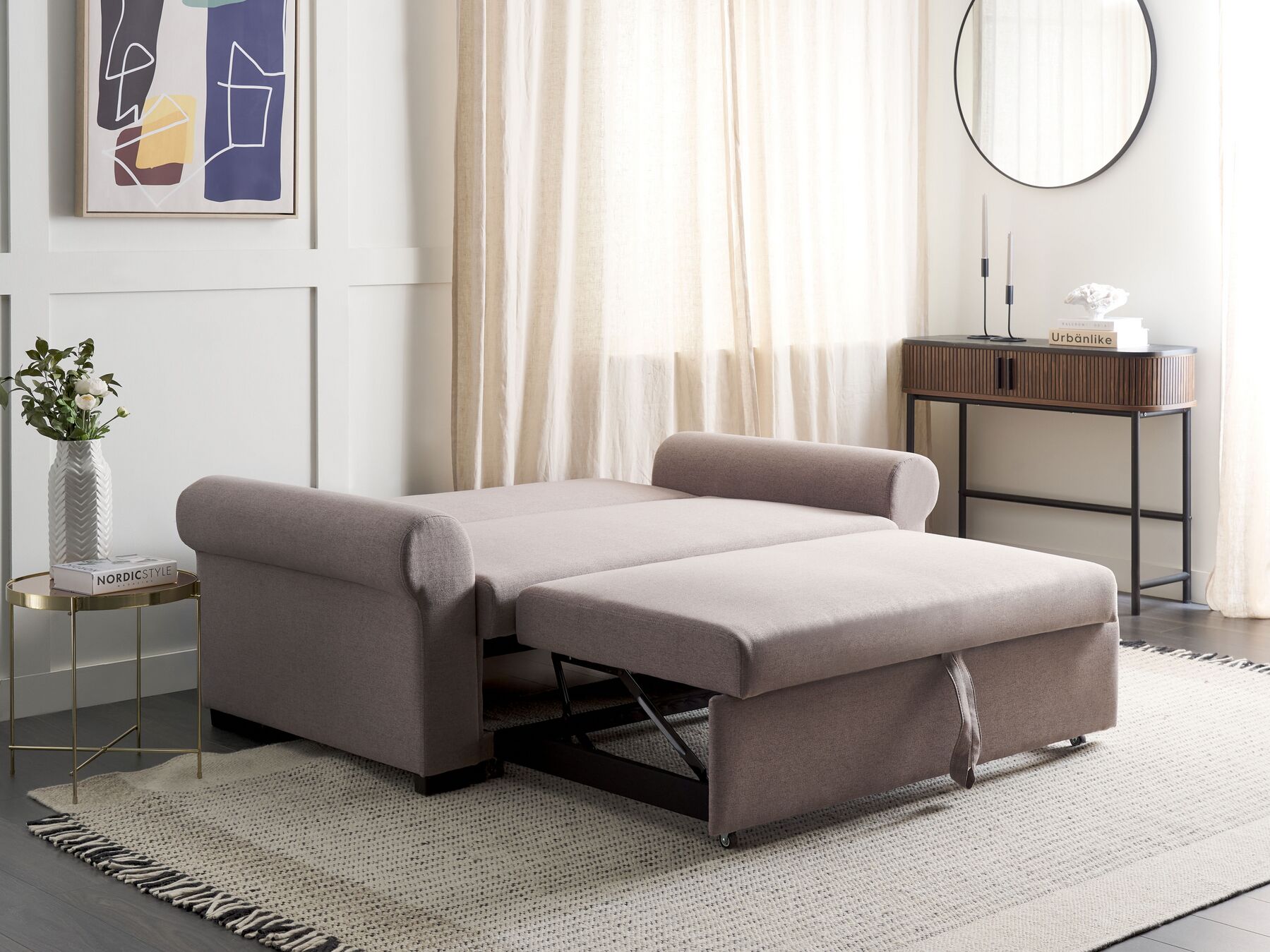 Sofa Bed SILDA Fabric Light Brown 2 Seater