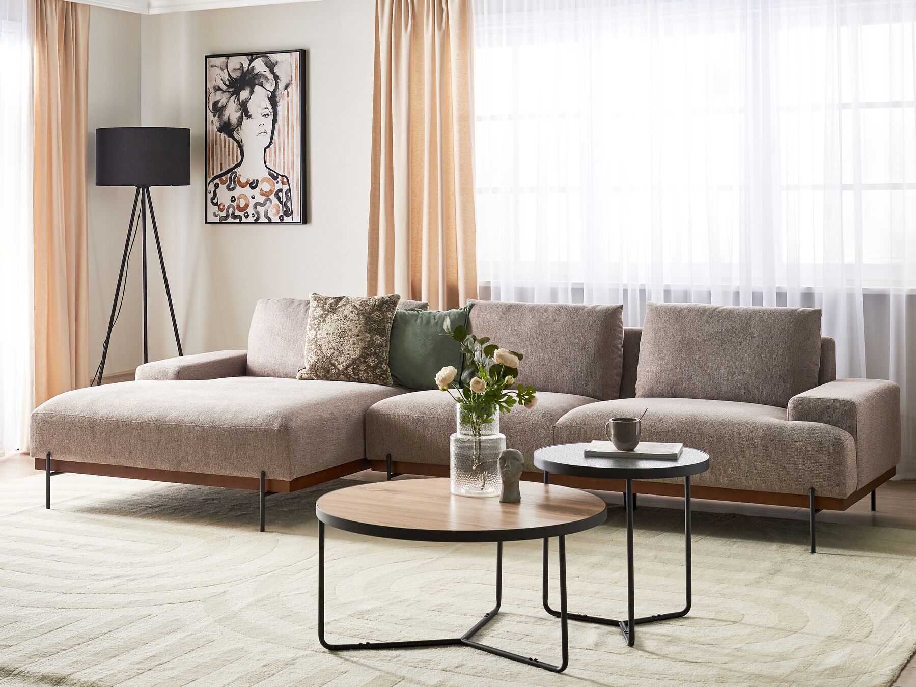 Corner Sofa MARIFERD Fabric Light Brown 3 Seater Right Hand