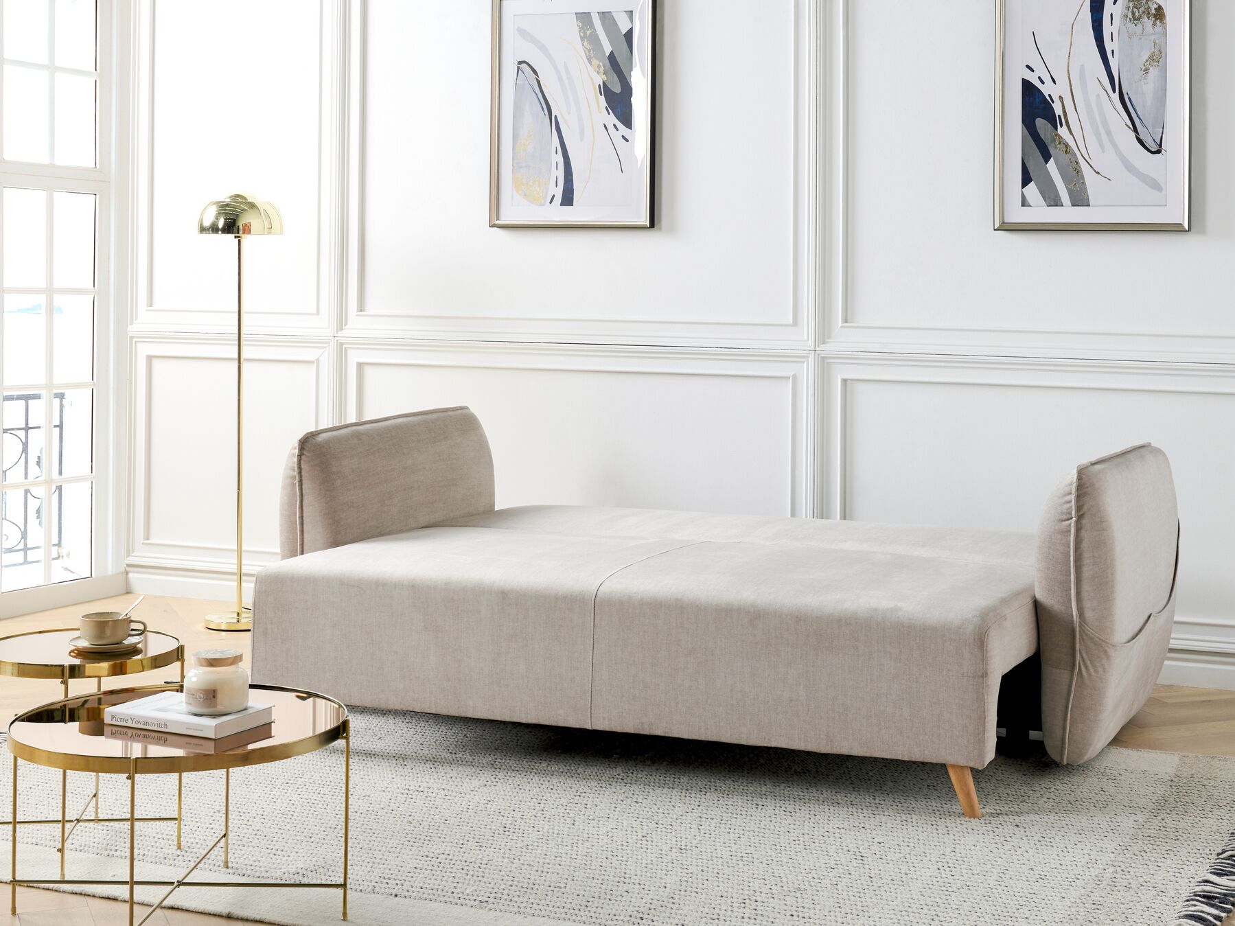 Sofa Bed VALLANES Velvet Taupe with Storage 2 Seater