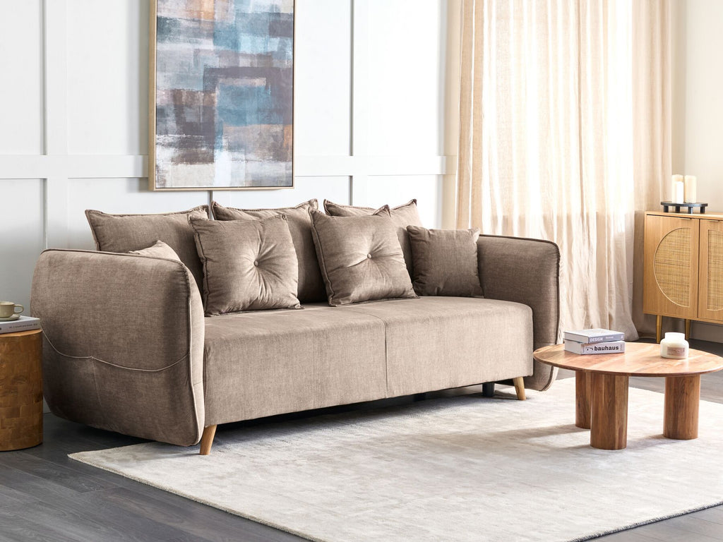 Sofa Bed VALLANES Velvet Light Brown with Storage 2 Seater