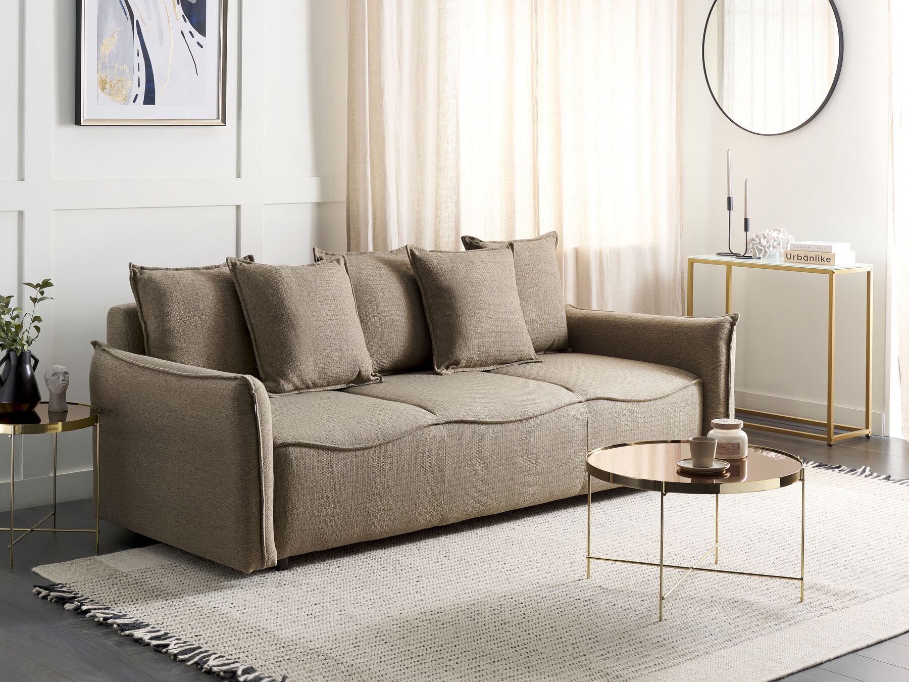 Sofa Bed KRAMA Fabric Brown with Storage 3 Seater