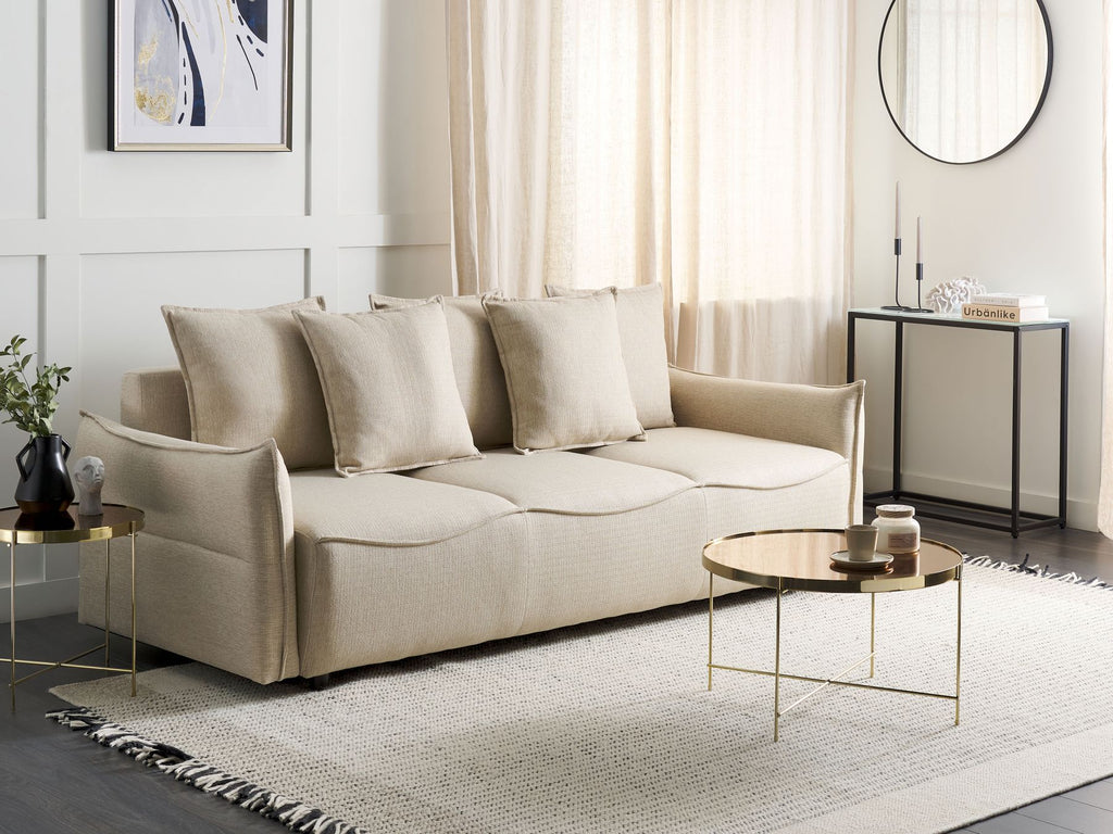 Sofa Bed KRAMA Fabric Beige with Storage 3 Seater