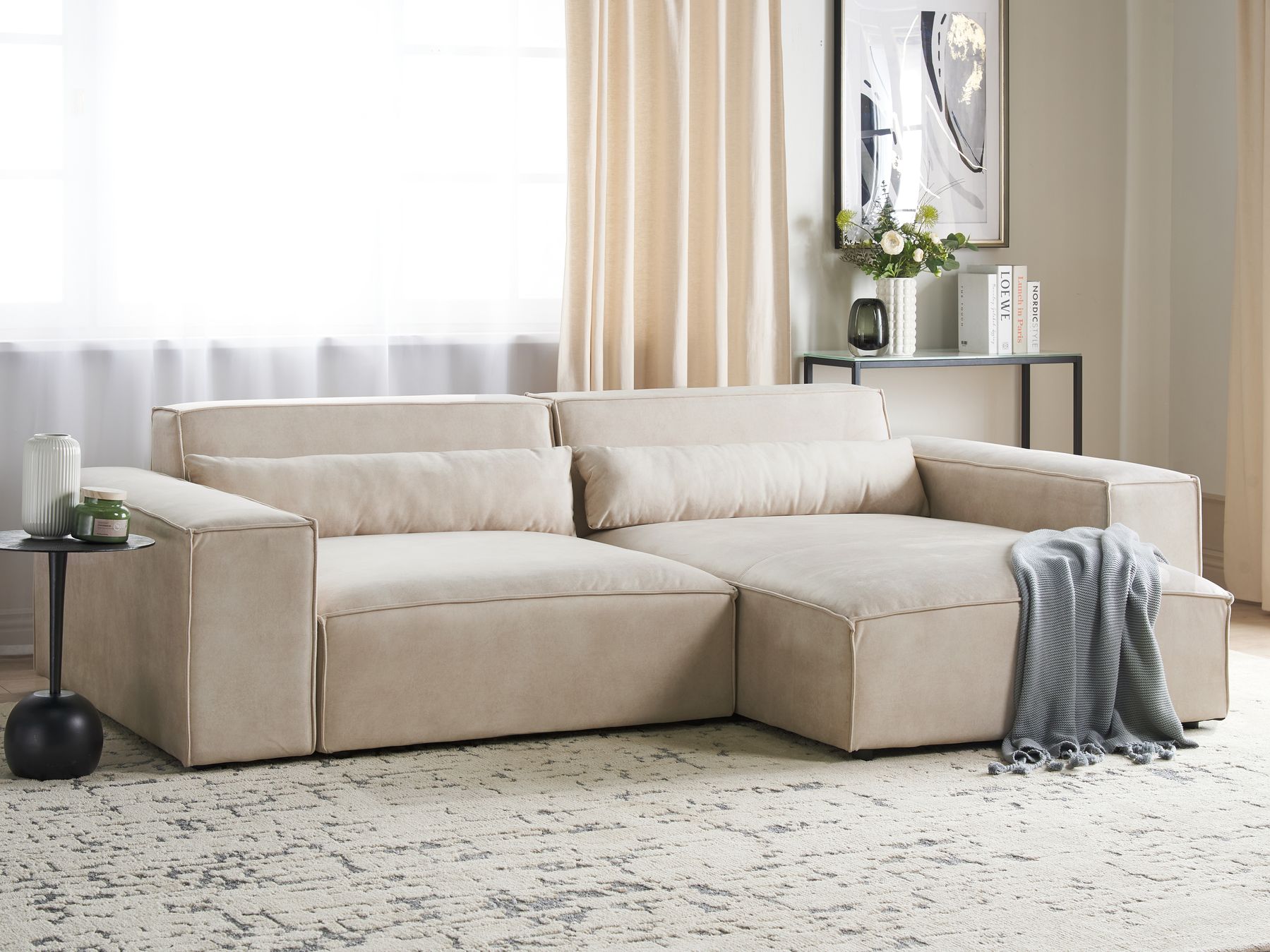 Left Hand 2 Seater Modular Velvet Corner Sofa Beige HELLNAR