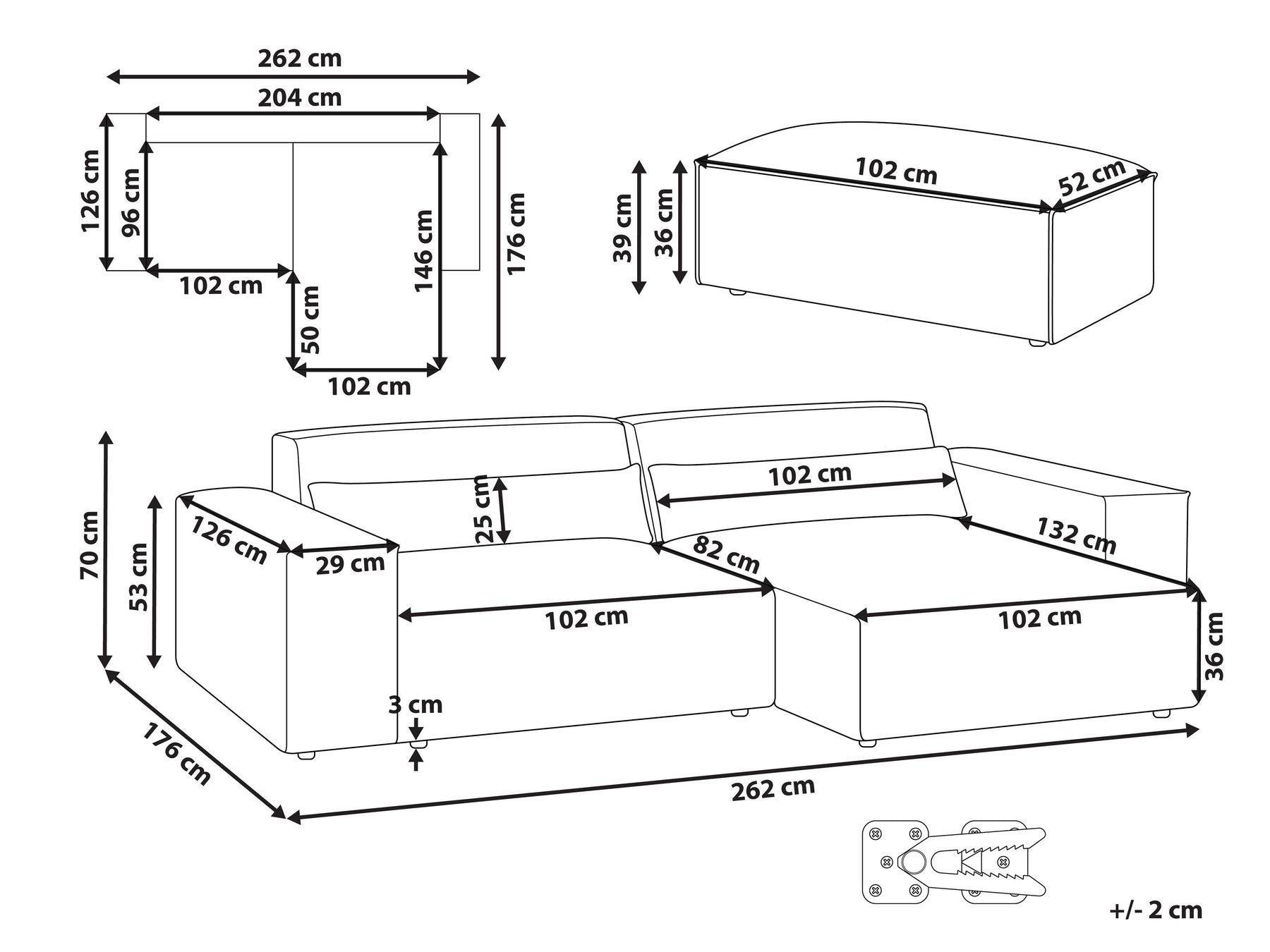 Modular Corner Sofa HELLNAR Boucle Off-White with Ottoman 2 Seater Left Hand