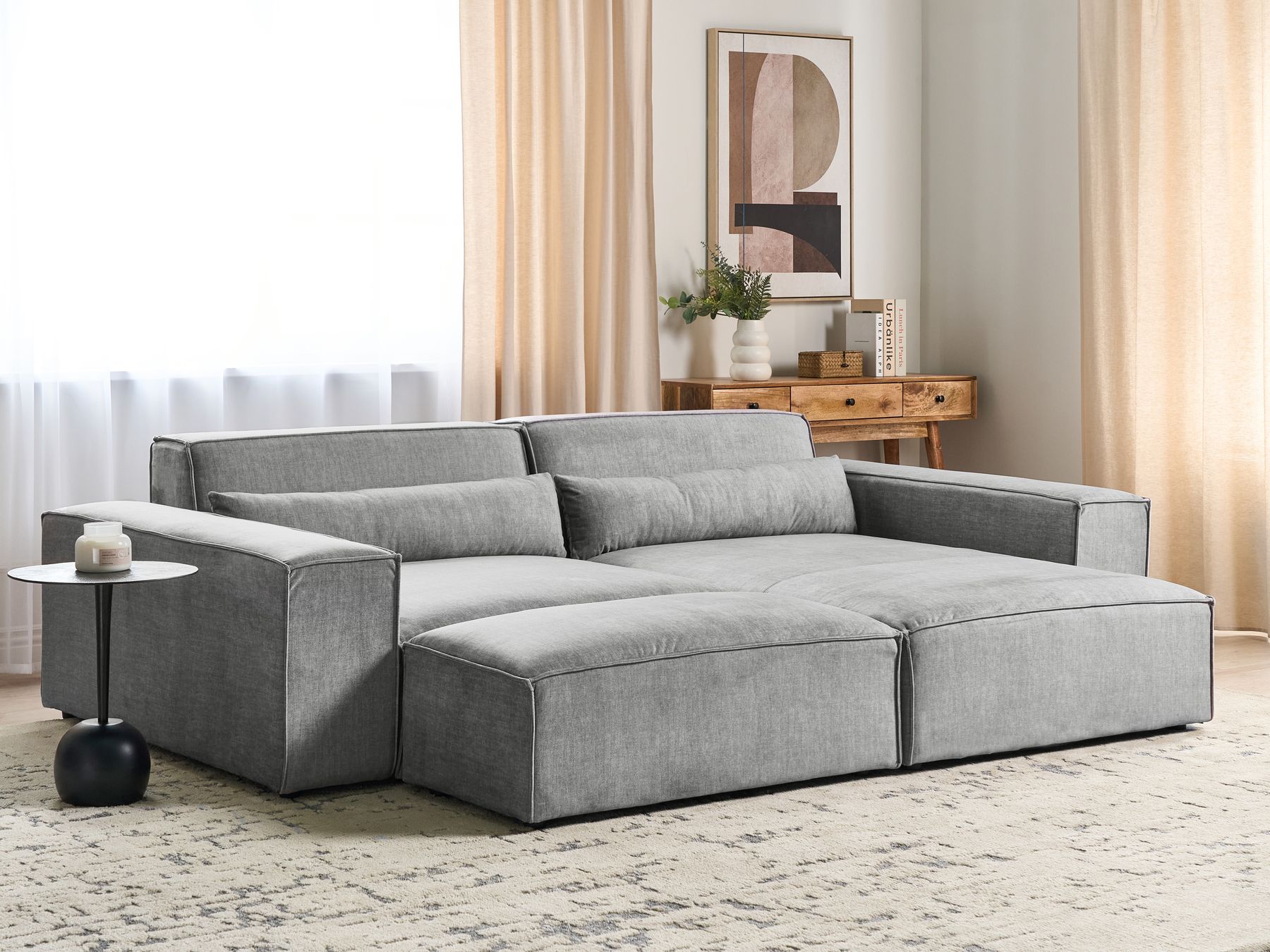 Modular Corner Sofa HELLNAR Fabric Grey with Ottoman 2 Seater Left Hand