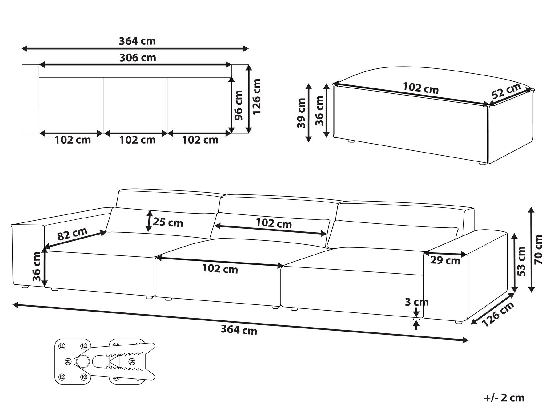3 Seater Modular Fabric Sofa with Ottoman Brown HELLNAR