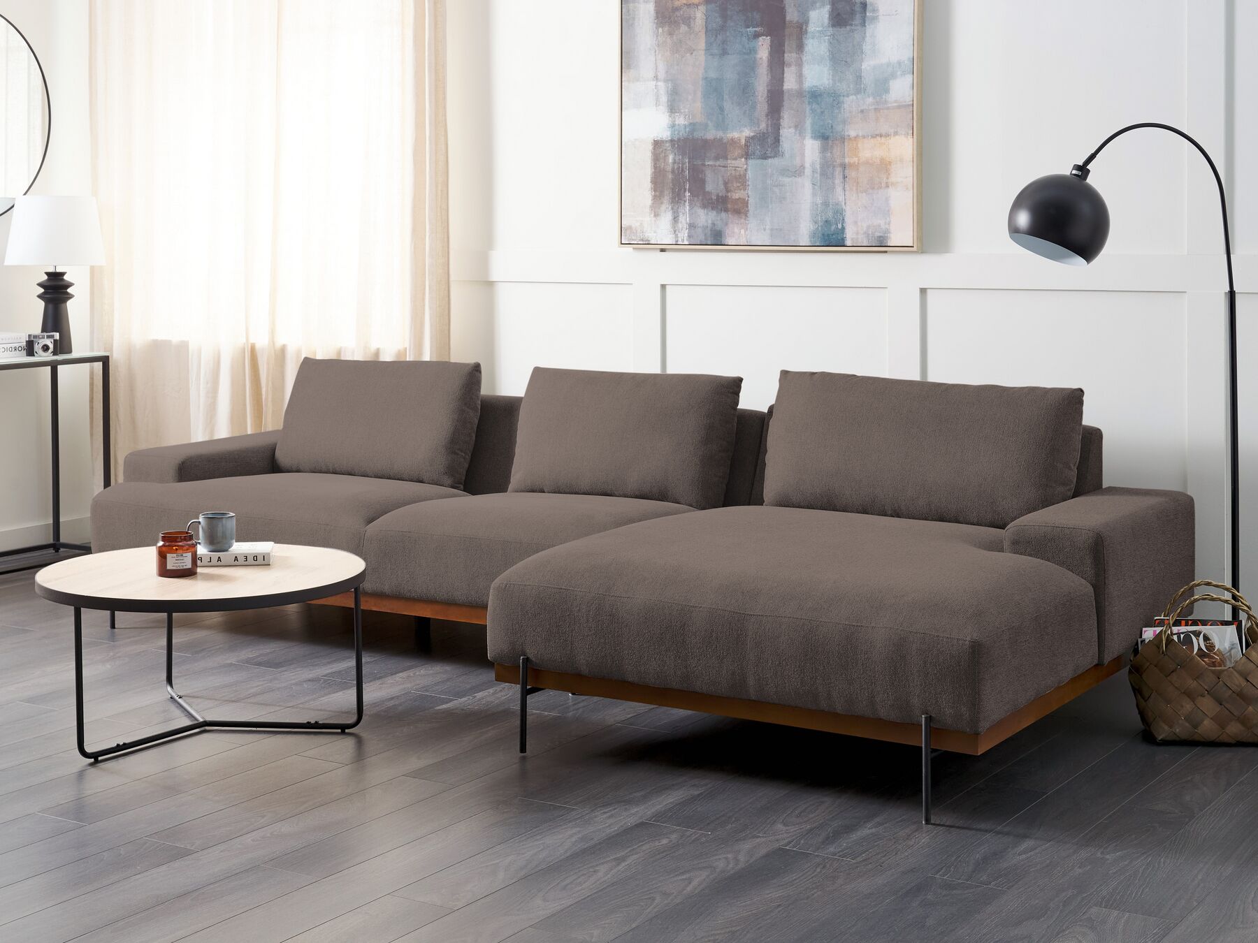 Left Hand Fabric Corner Sofa Brown MARIFERD