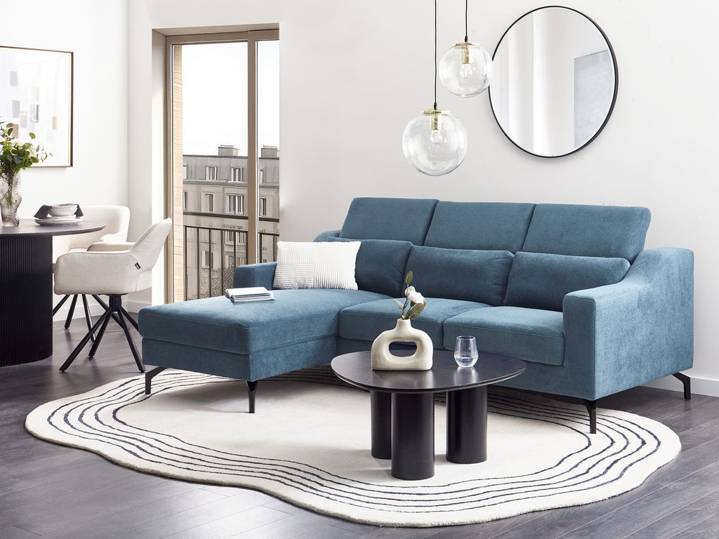 Right Hand Fabric Corner Sofa Blue GLOSLI