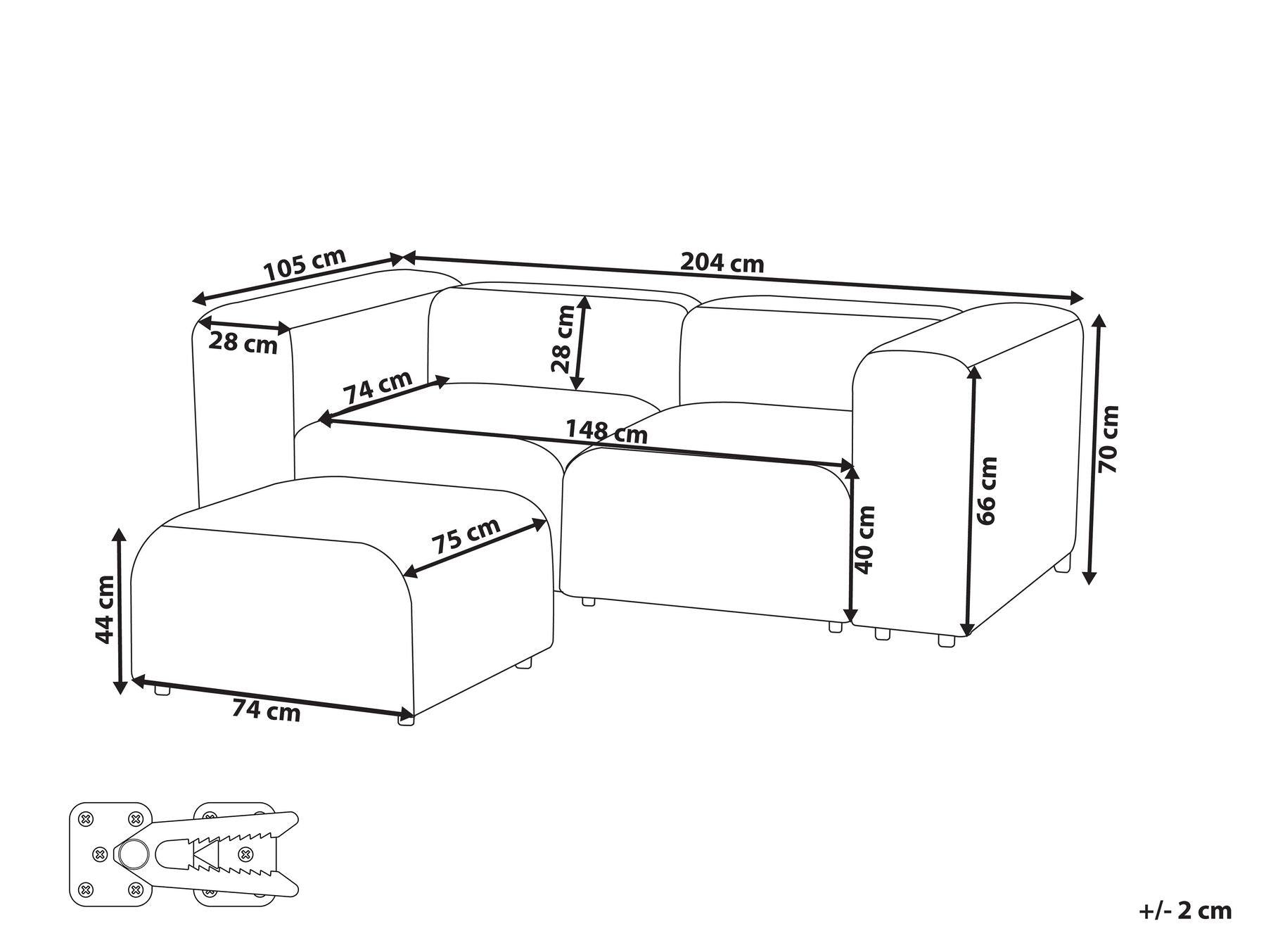 2 Seater Modular Corduroy Sofa with Ottoman Grey FALSTERBO