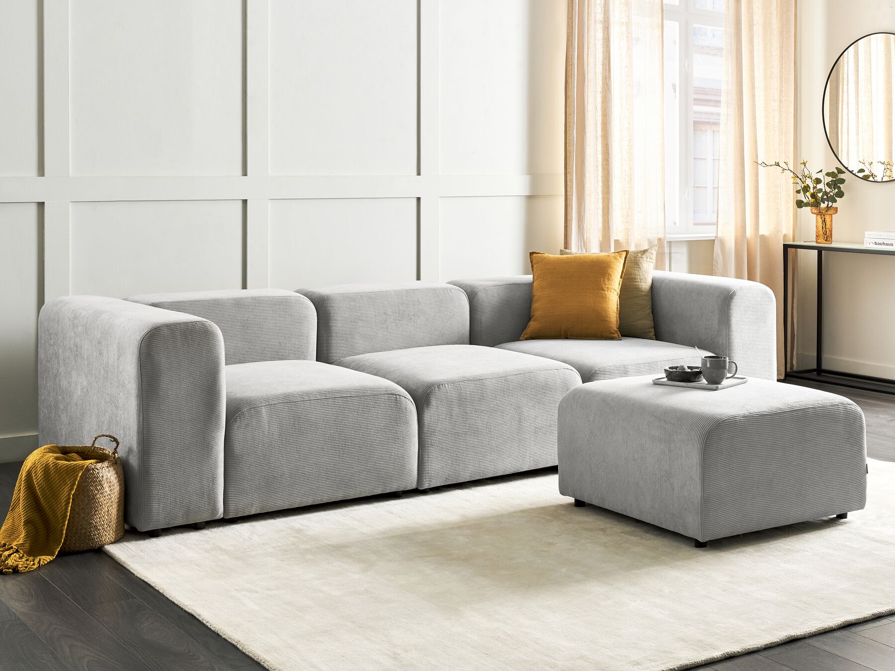 Modular Sofa FALSTERBO Corduroy Grey with Ottoman 3 Seater