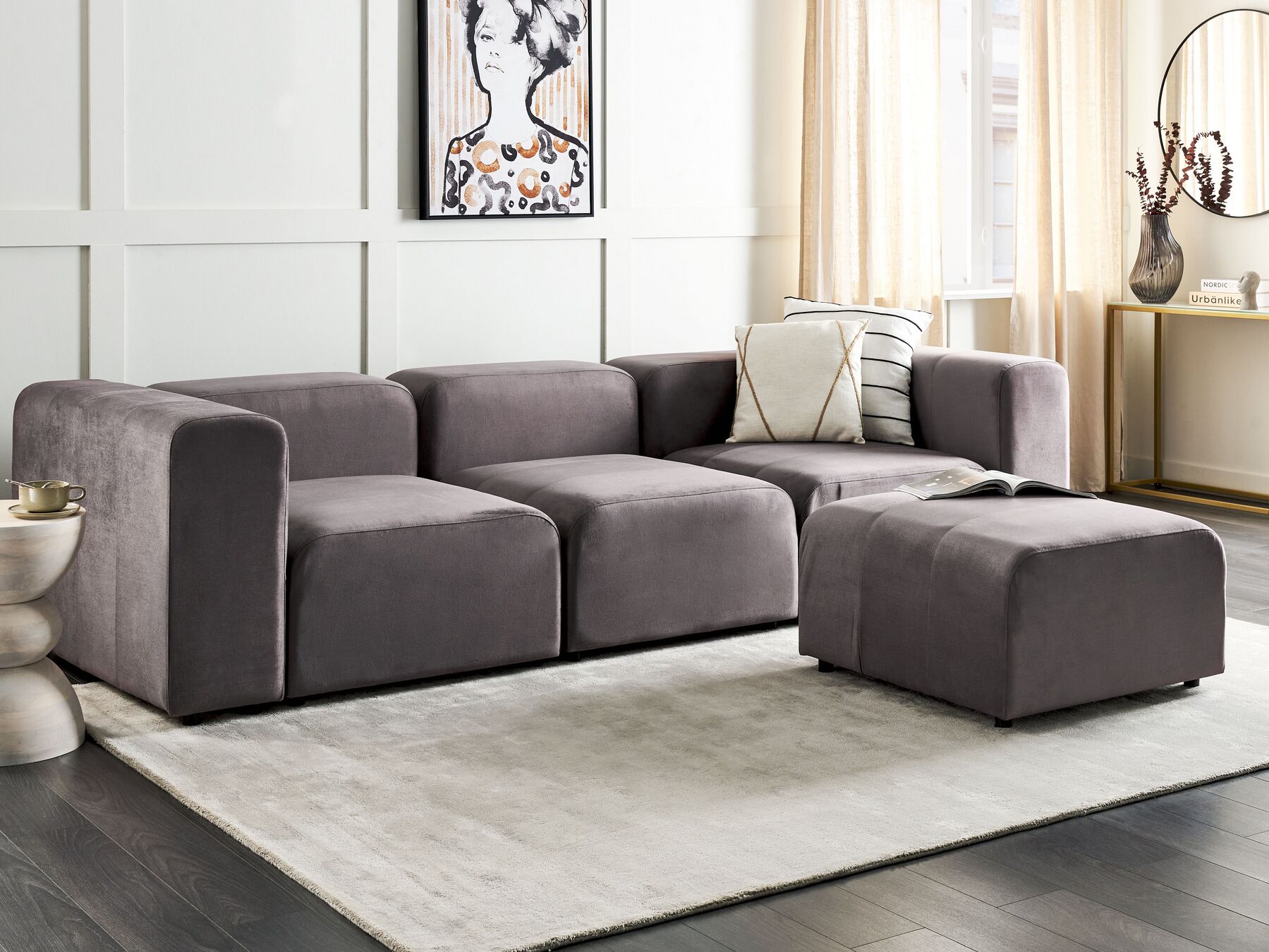 Modular Sofa FALSTERBO Velvet Dark Grey with Ottoman 3 Seater
