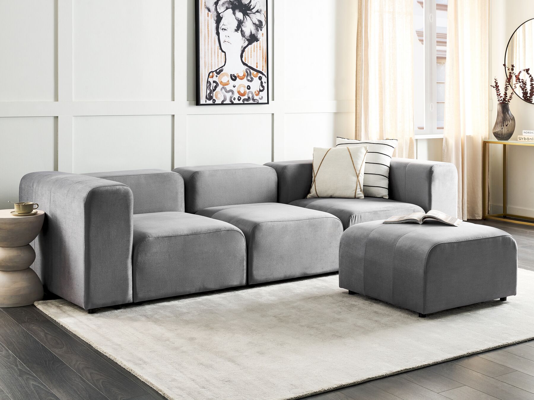 Modular Sofa FALSTERBO Velvet Grey with Ottoman 3 Seater
