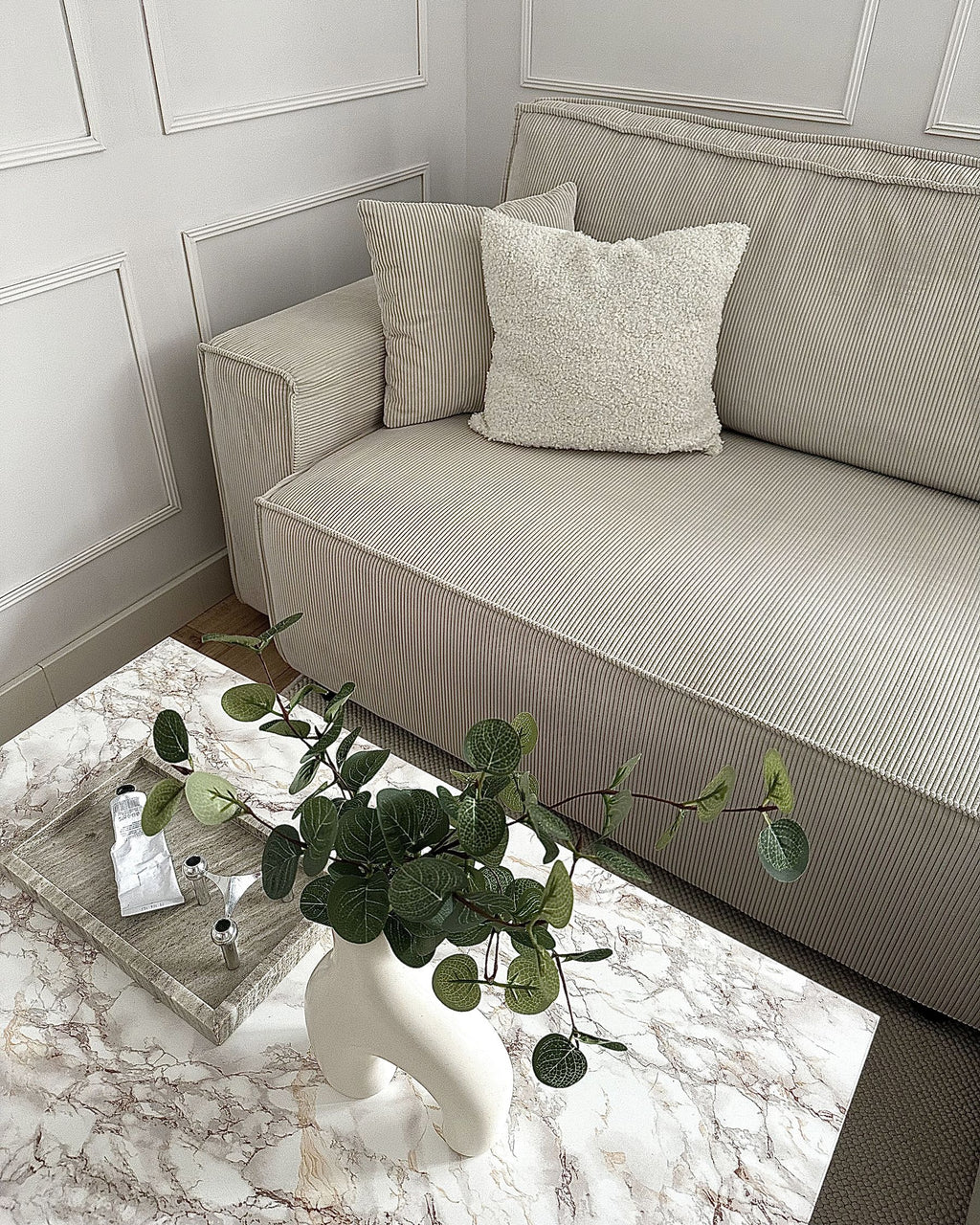 Corner Sofa Bed ABACKA Corduroy Off-White 3 Seater Left Hand