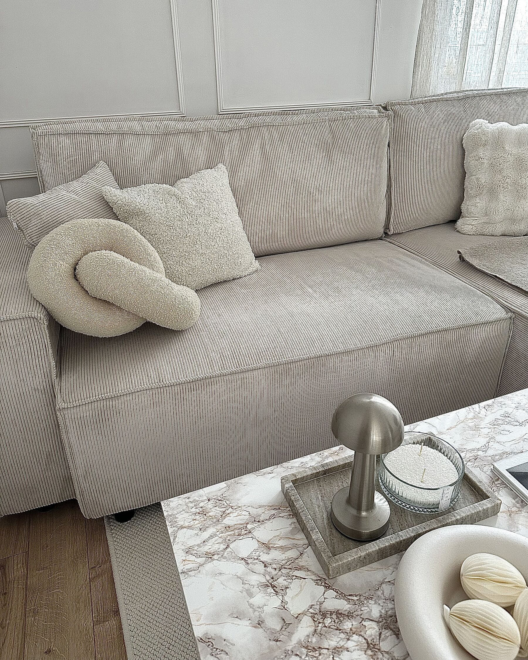Corner Sofa Bed ABACKA Corduroy Off-White 3 Seater Left Hand
