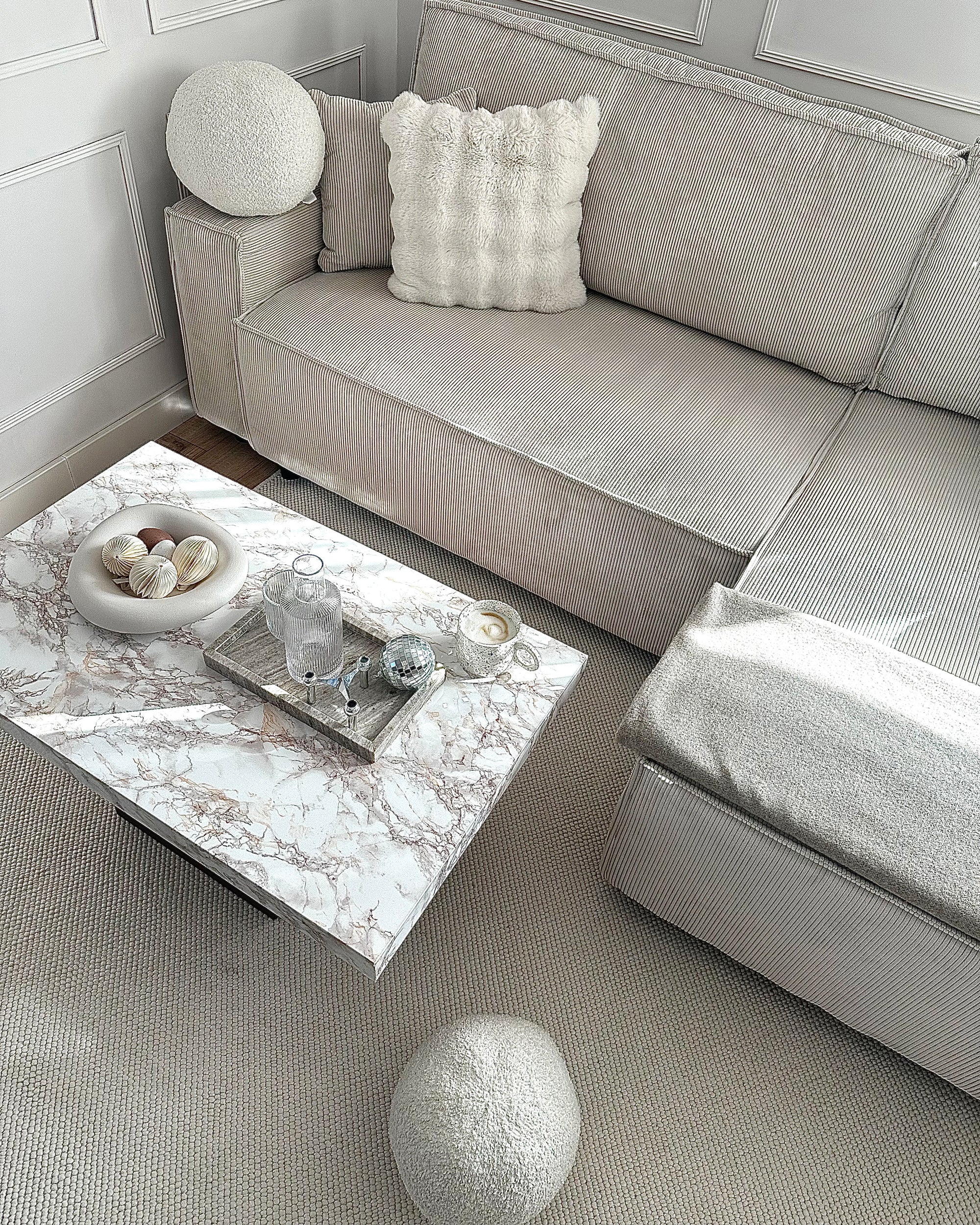 Corner Sofa Bed ABACKA Corduroy Off-White 3 Seater Left Hand