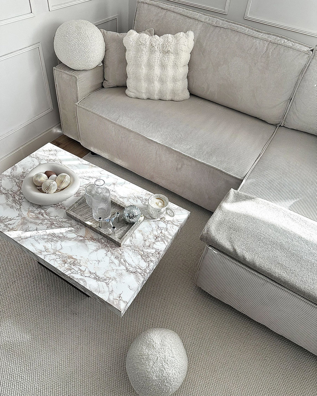 Corner Sofa Bed ABACKA Corduroy Off-White 3 Seater Left Hand
