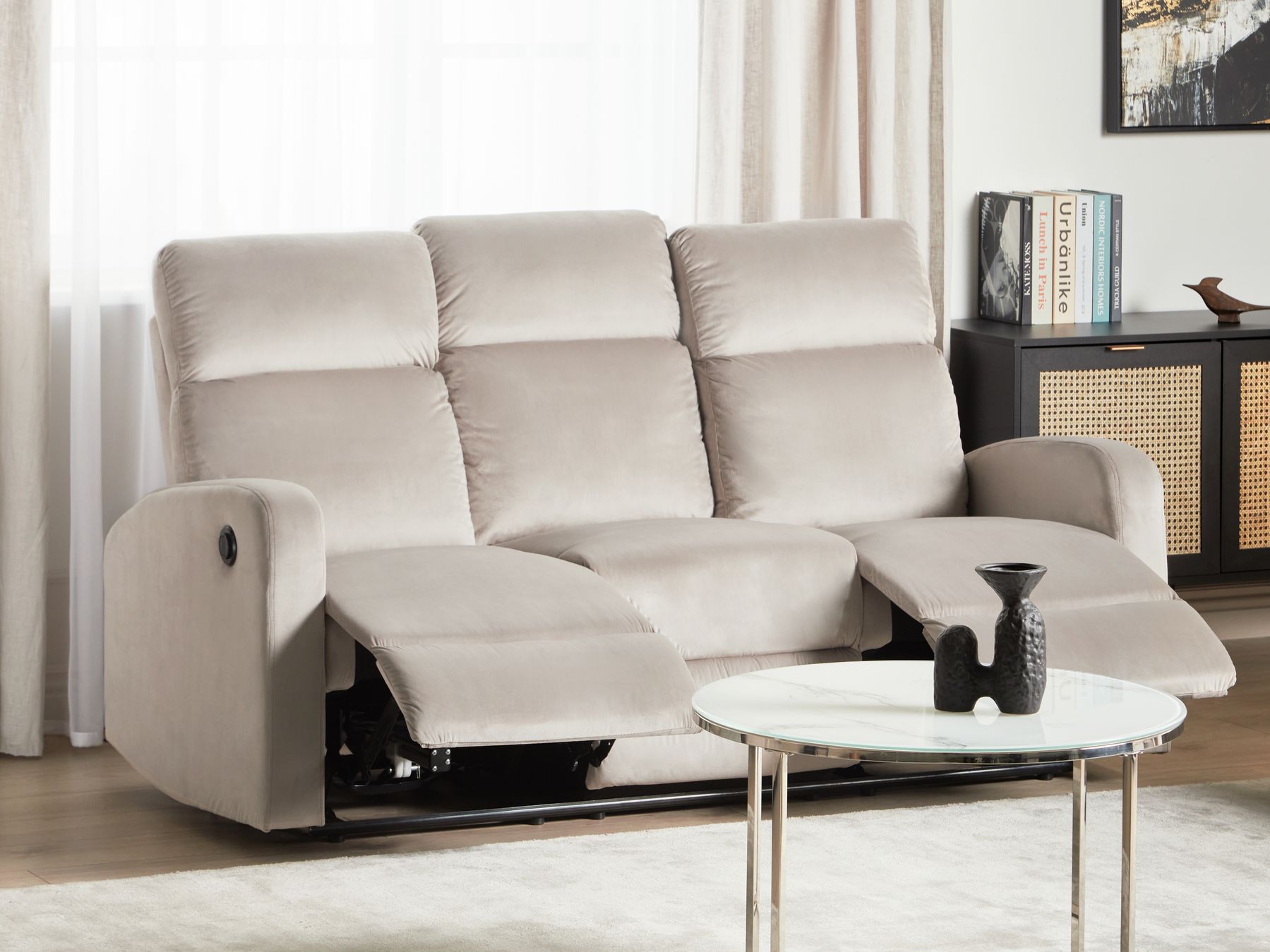 3 Seater Velvet Electric Recliner Beige VERDAL