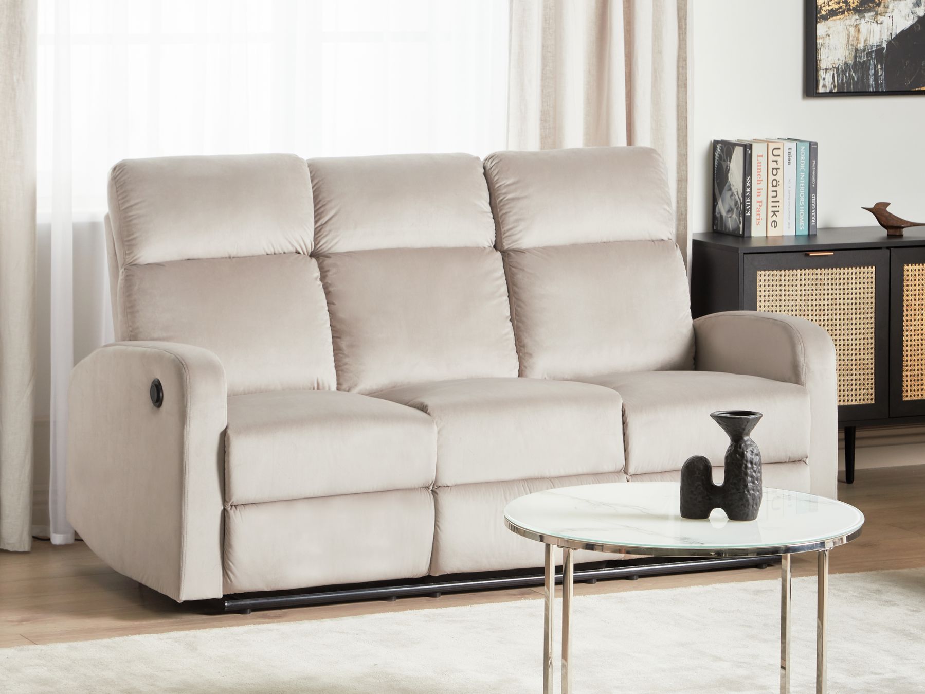 3 Seater Velvet Electric Recliner Beige VERDAL