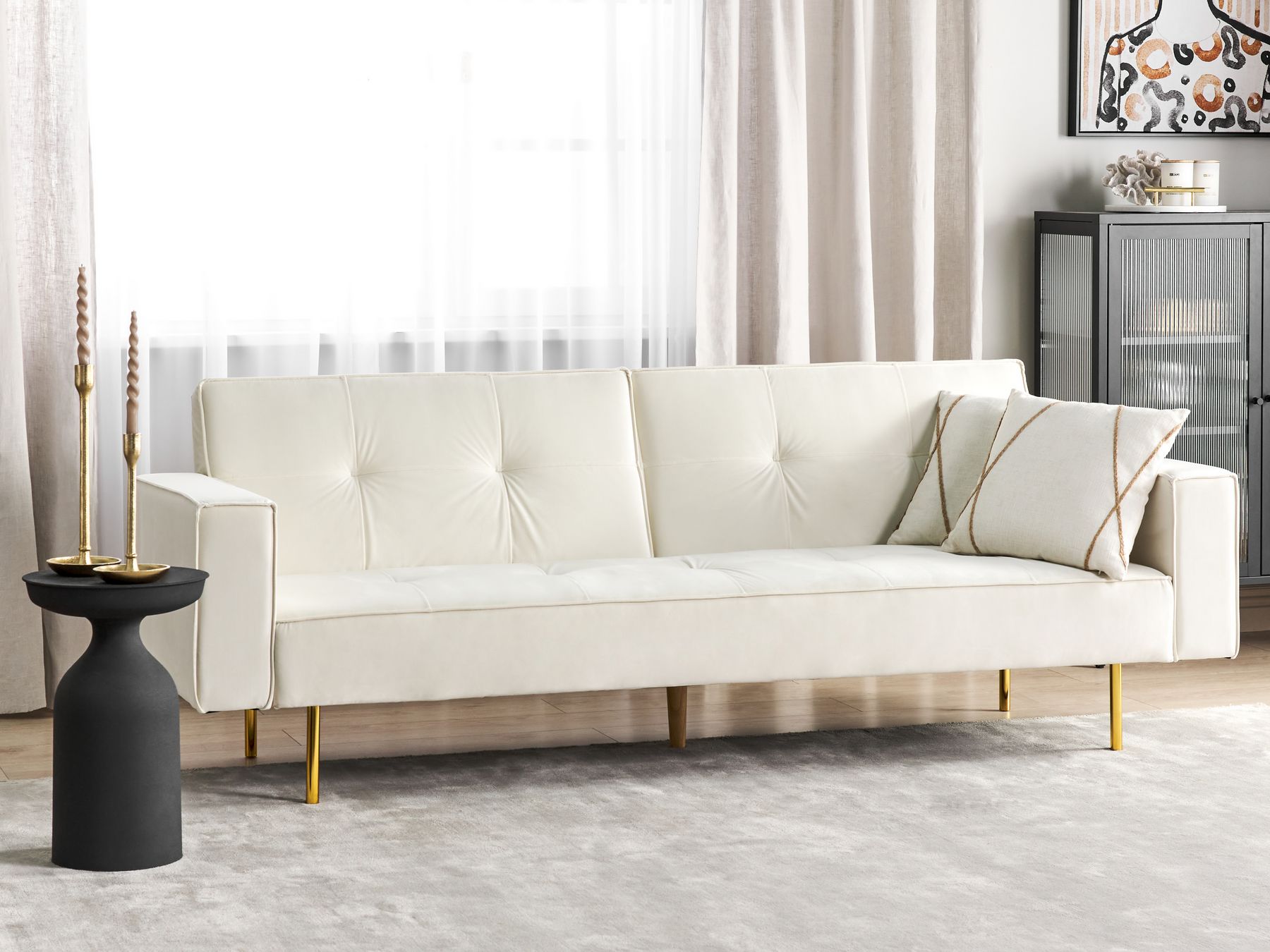 Sofa Bed VISNES Velvet Off-White 3 Seater