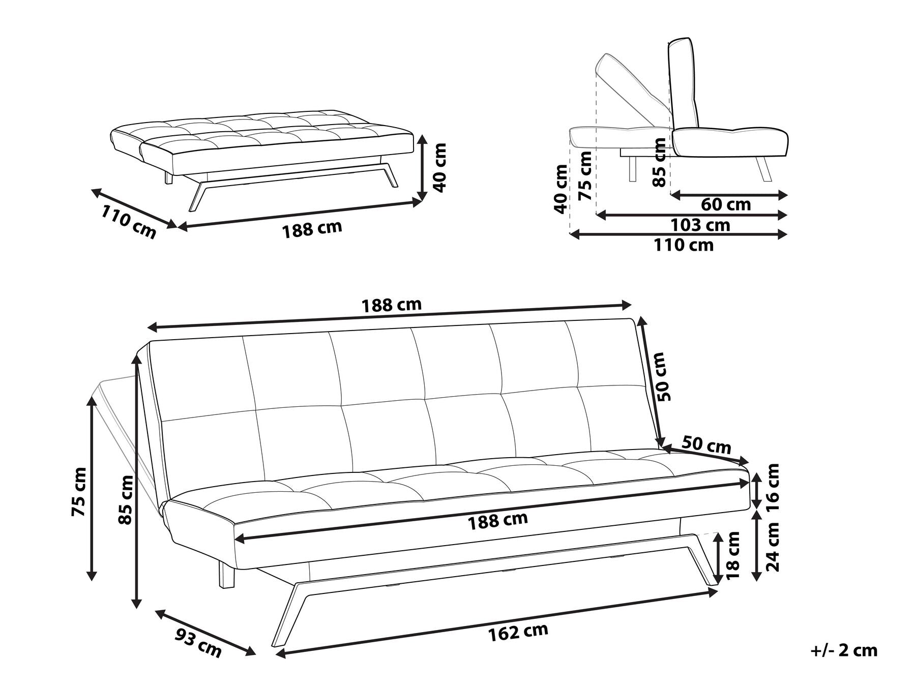 Sofa Bed LEEDS Fabric White 3 Seater
