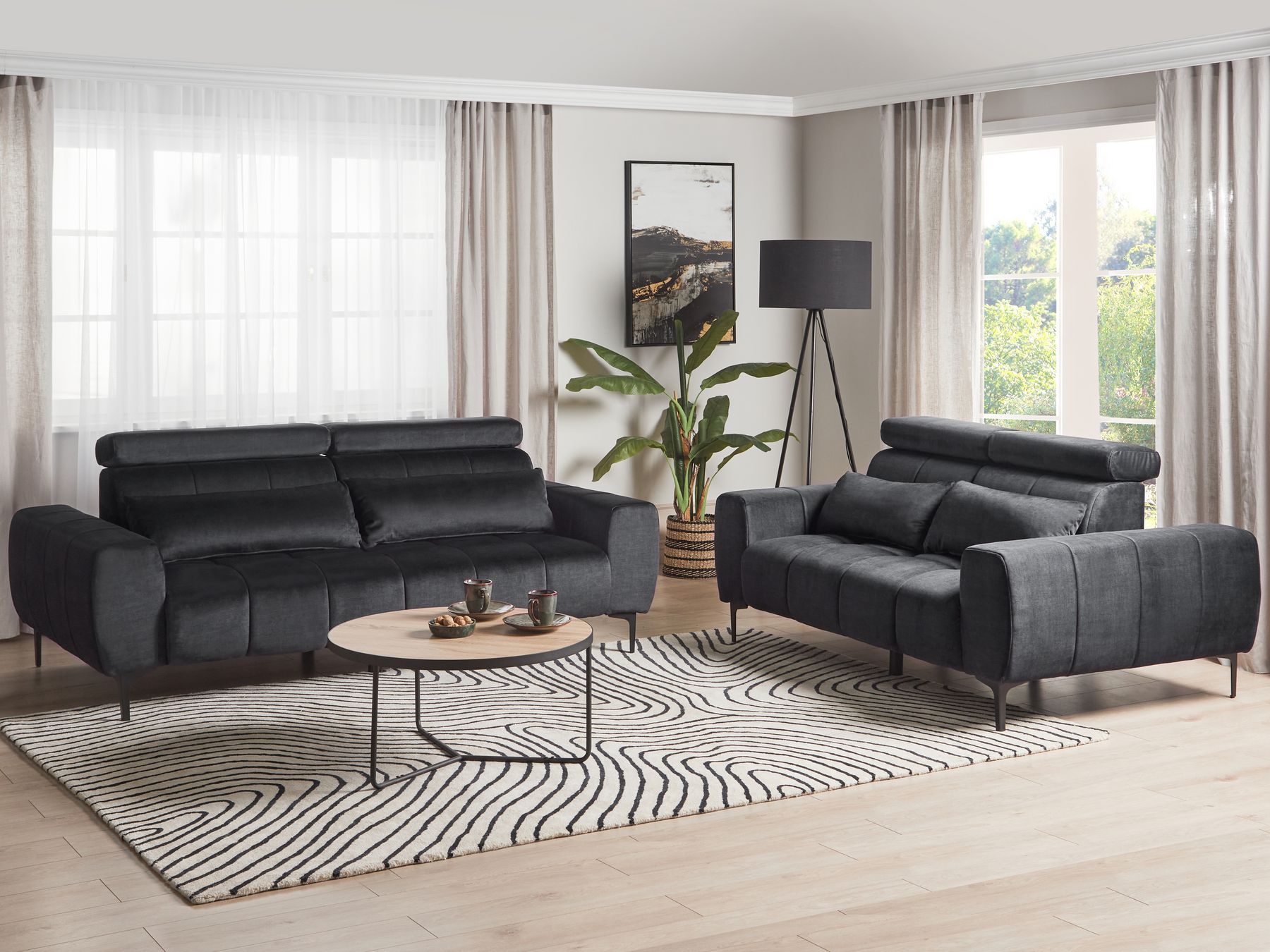 2 Seater Velvet Sofa Black VEGAMO
