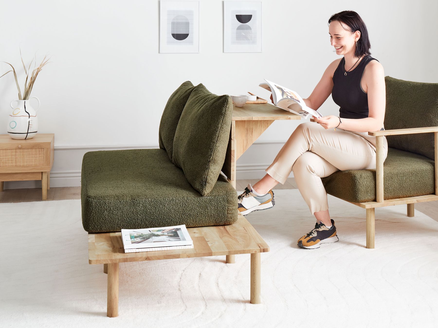 2 Seater Boucle Sofa with Table Dark Green SALO