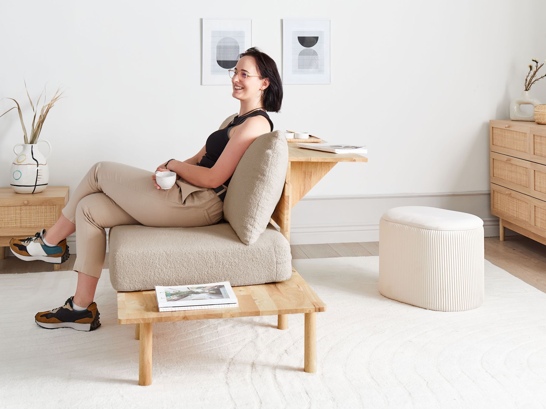 2 Seater Boucle Sofa with Table Beige SALO