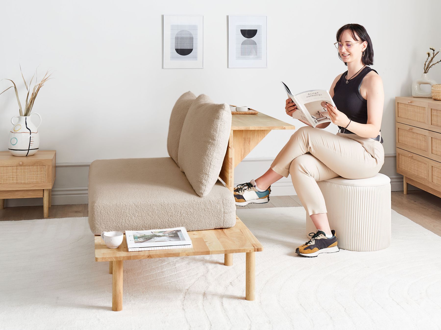 2 Seater Boucle Sofa with Table Beige SALO