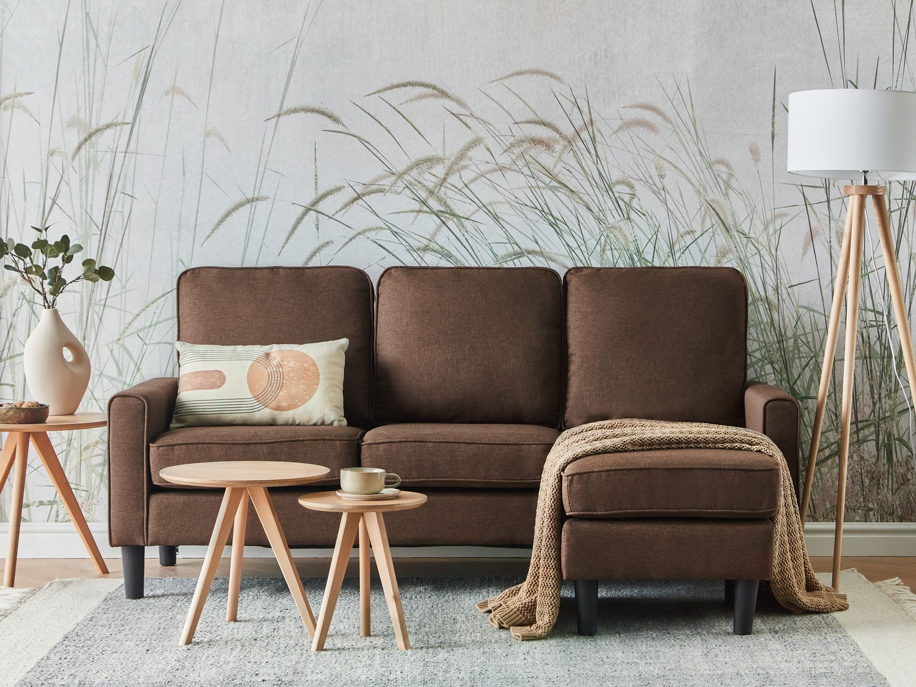 3 Seater Fabric Sofa with Ottoman Brown AVESTA