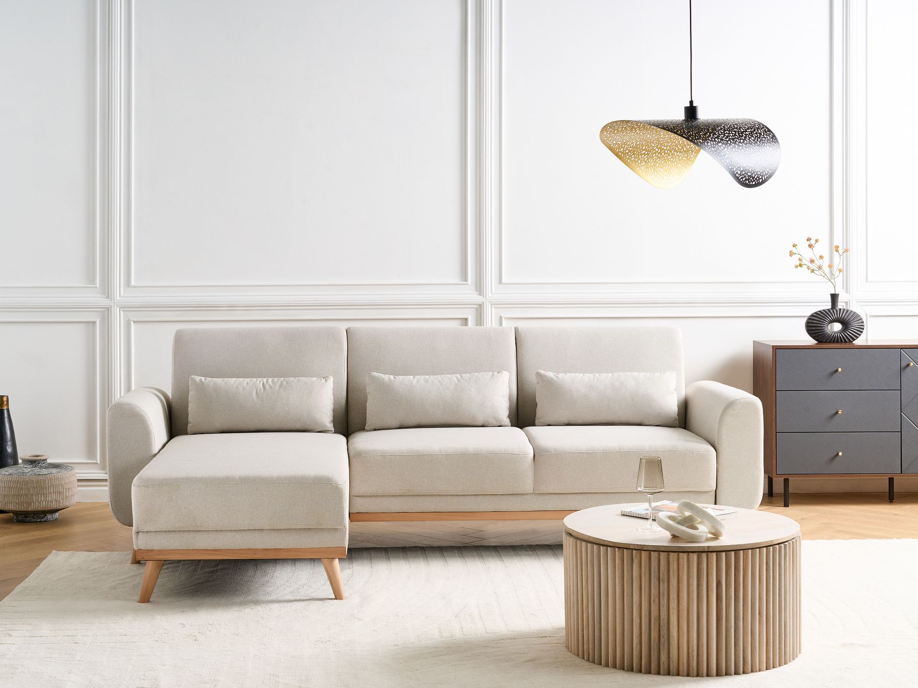 Corner Sofa Bed OLLSTA Fabric Light Beige 3 Seater Right Hand