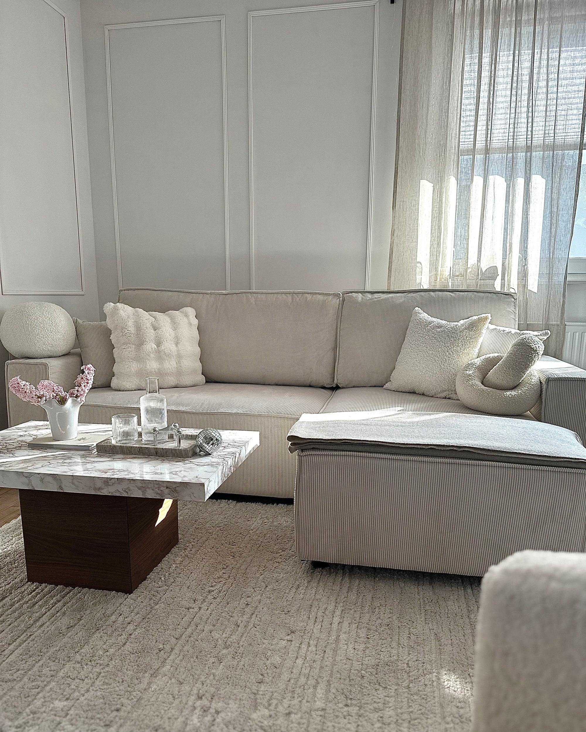 Corner Sofa Bed ABACKA Corduroy Off-White 3 Seater Left Hand