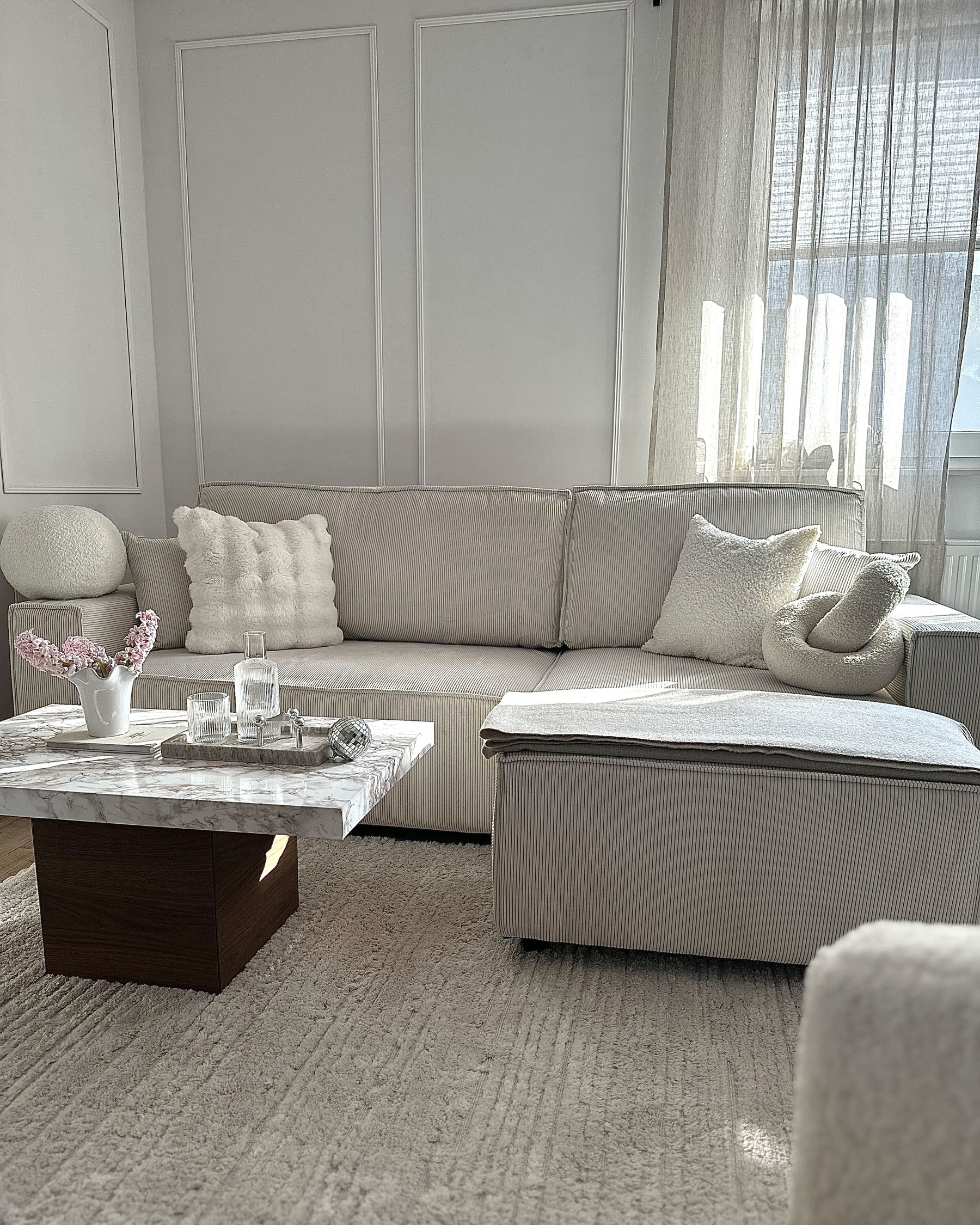 Corner Sofa Bed ABACKA Corduroy Off-White 3 Seater Left Hand