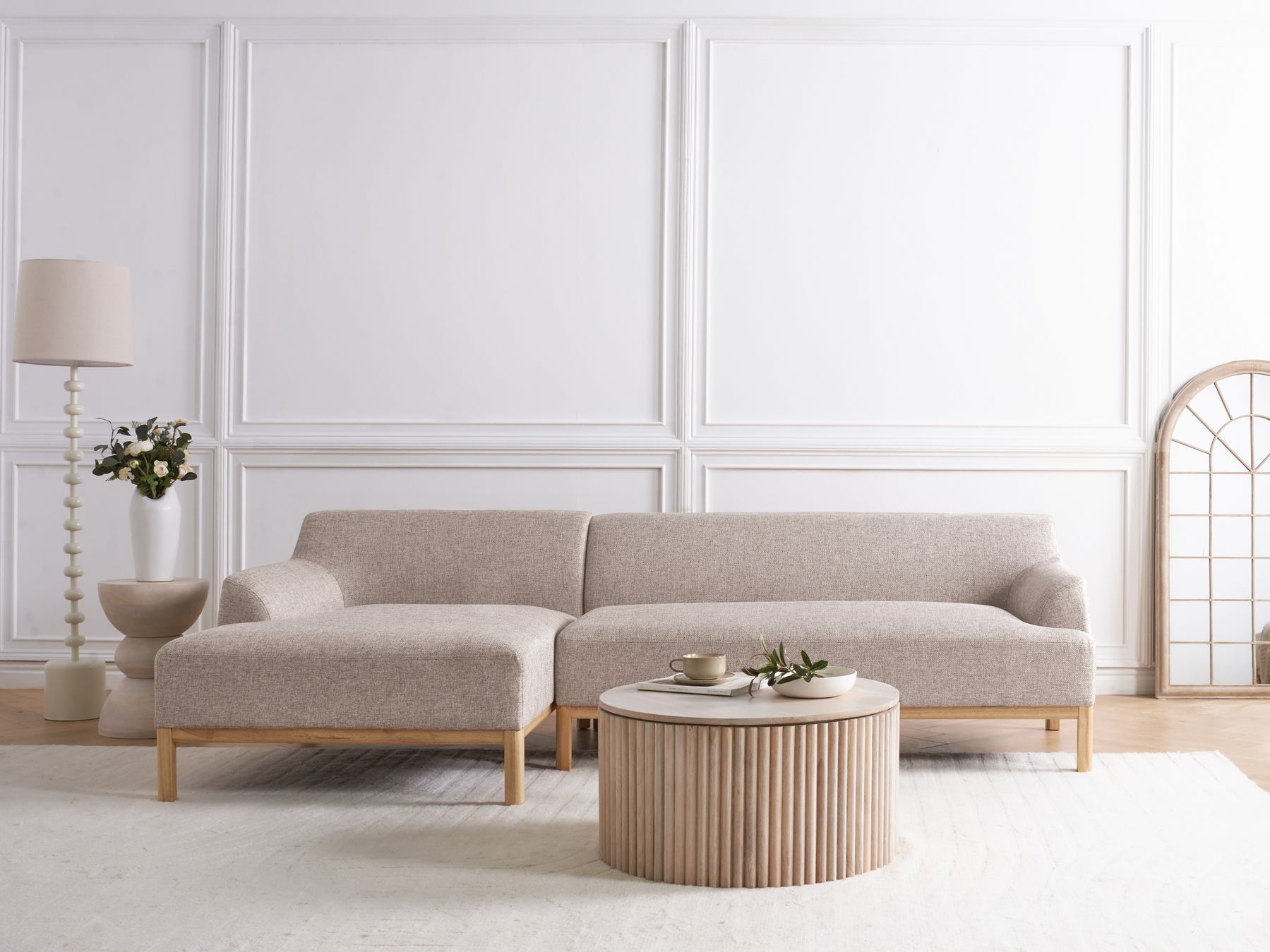 Corner Sofa SOSJO Fabric Light Brown 3 Seater Right Hand