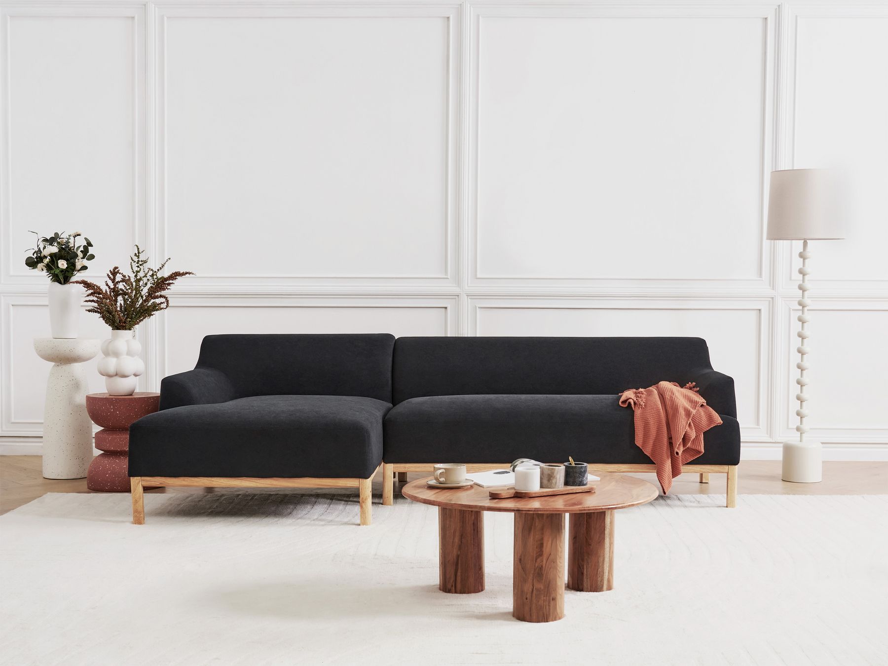 Corner Sofa SOSJO Fabric Black 3 Seater Right Hand