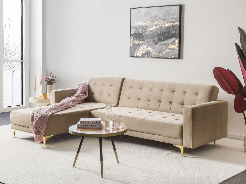 Modular Corner Sofa Bed ABERDEEN Velvet Sand Beige 4 Seater Right Hand