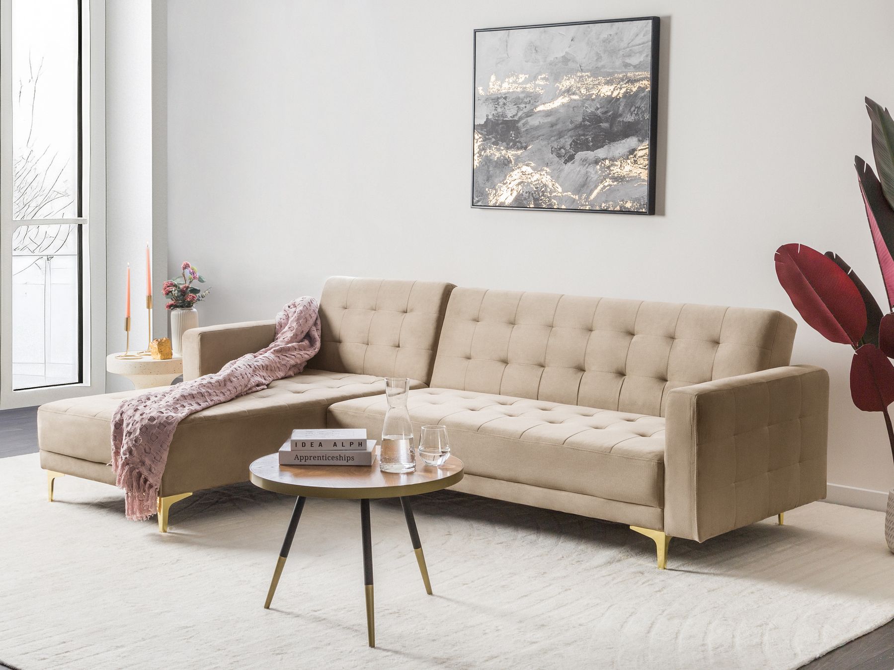 Modular Corner Sofa Bed ABERDEEN Velvet Sand Beige 4 Seater Right Hand
