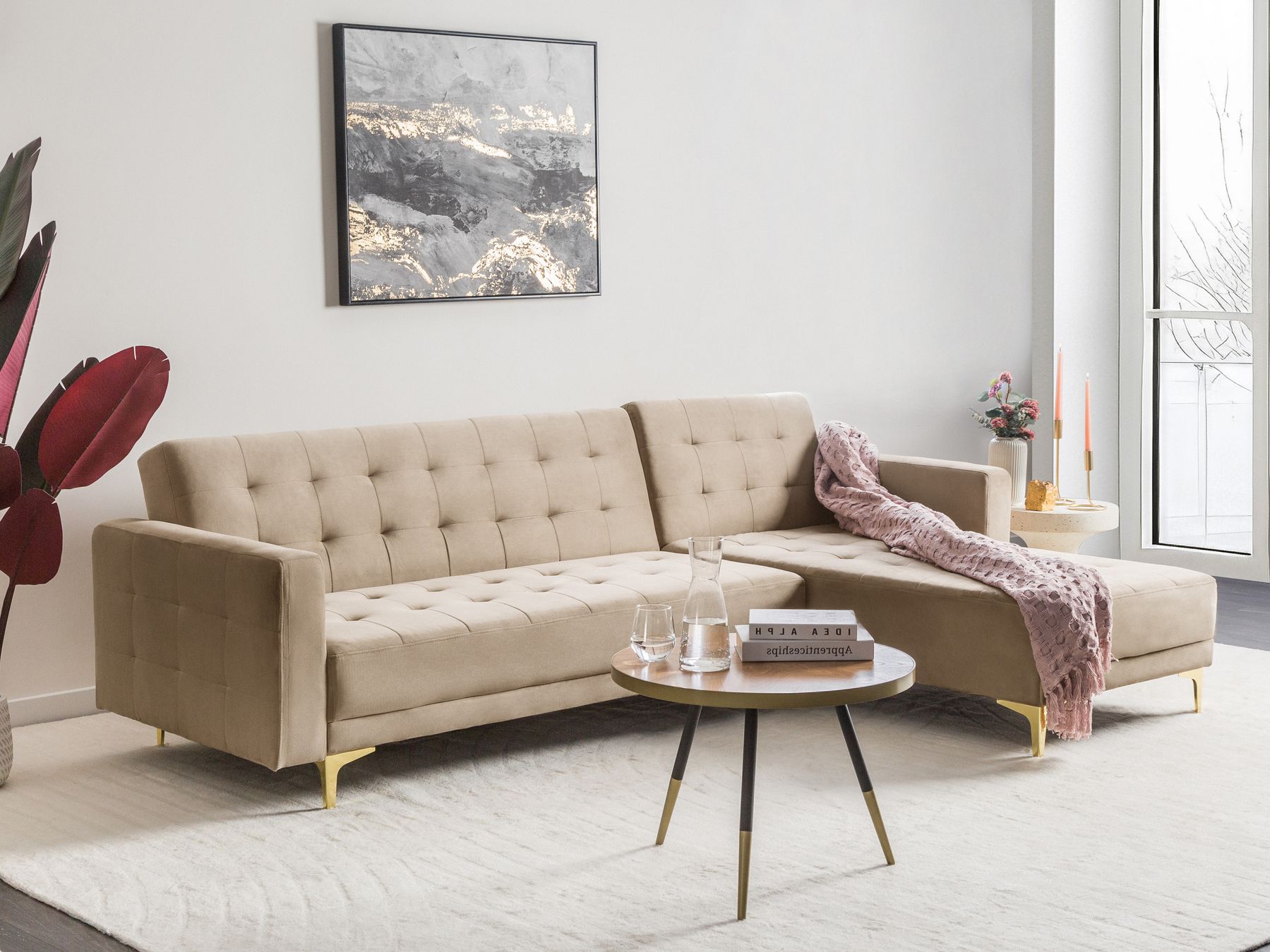 Modular Corner Sofa Bed ABERDEEN Velvet Sand Beige 4 Seater Left Hand