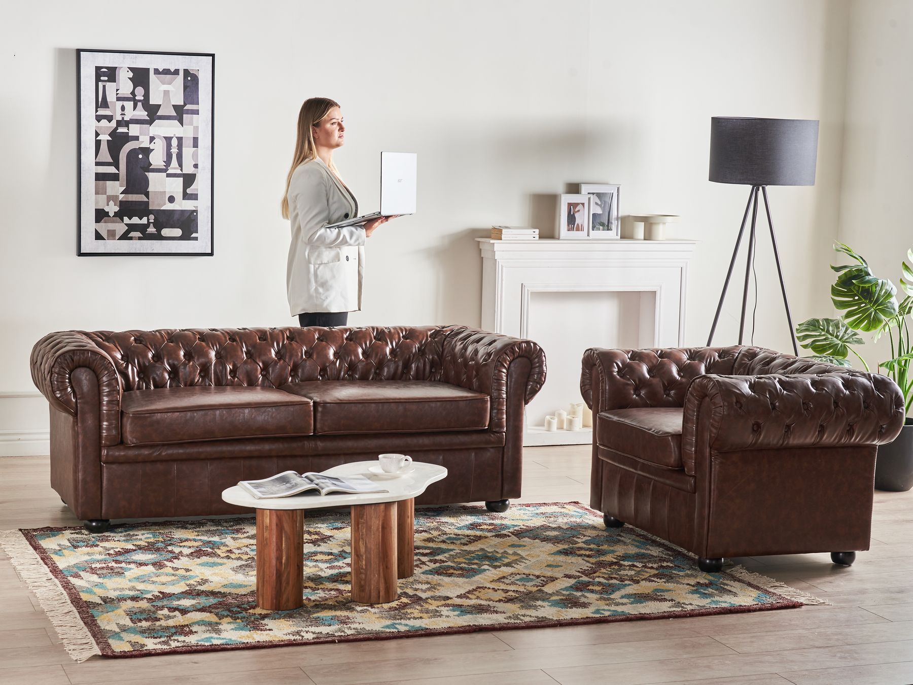 3 Seater Sofa Faux Leather Golden Brown CHESTERFIELD