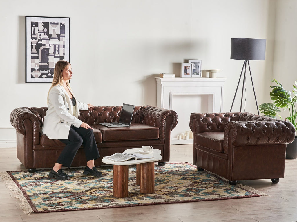 3 Seater Sofa Faux Leather Golden Brown CHESTERFIELD