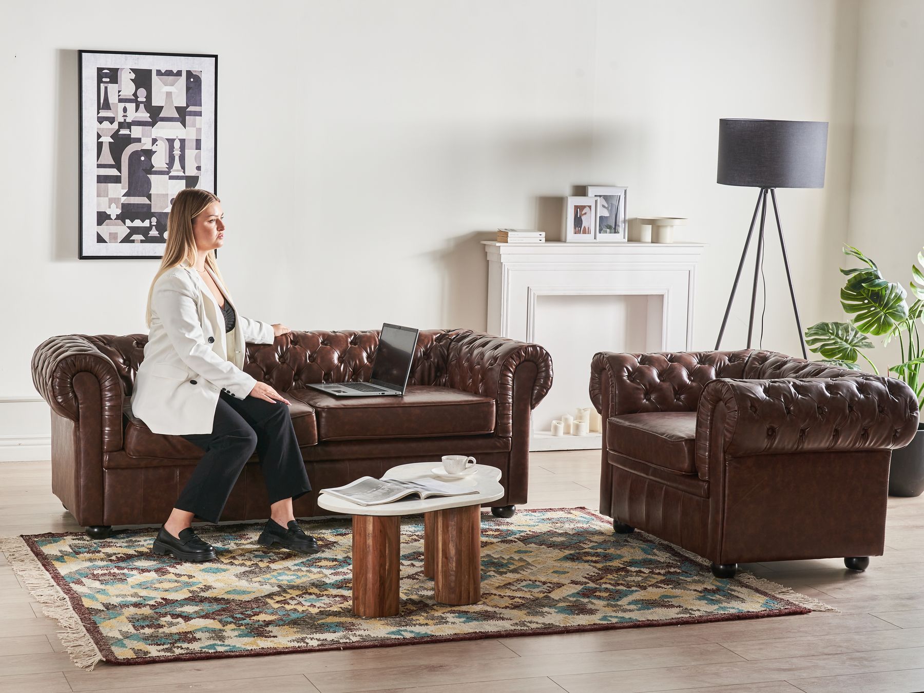 3 Seater Sofa Faux Leather Golden Brown CHESTERFIELD