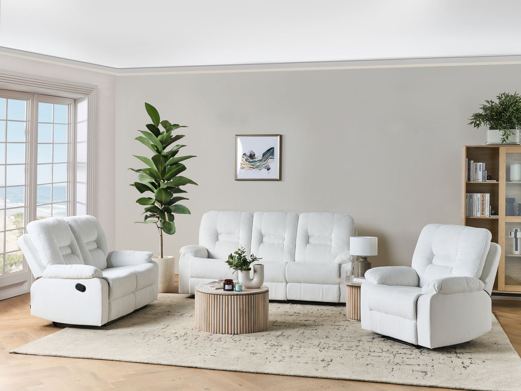 3 Seater Fabric Manual Recliner Sofa White BERGEN