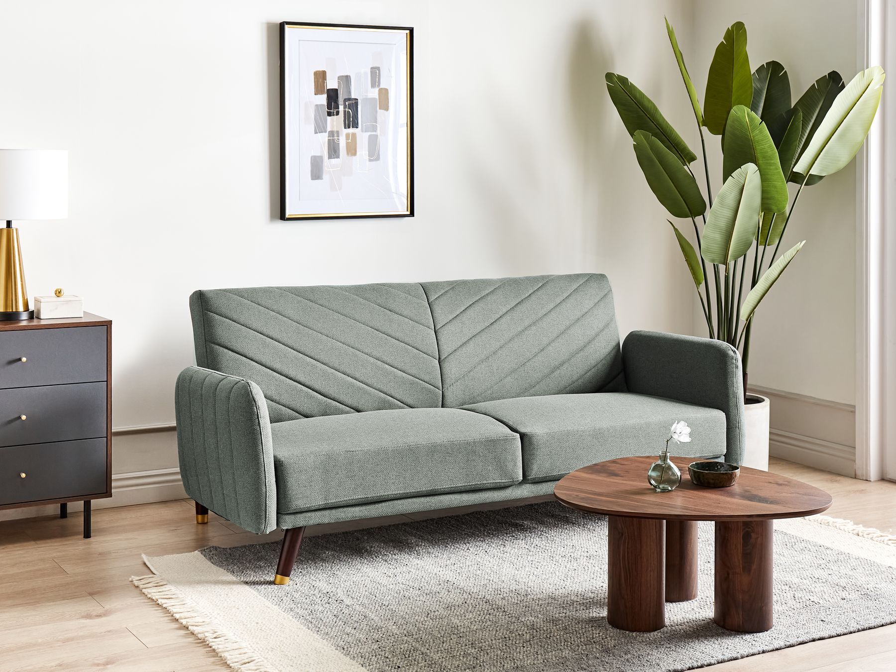 Sofa Bed SENJA Faux Linen Light Green 3 Seater