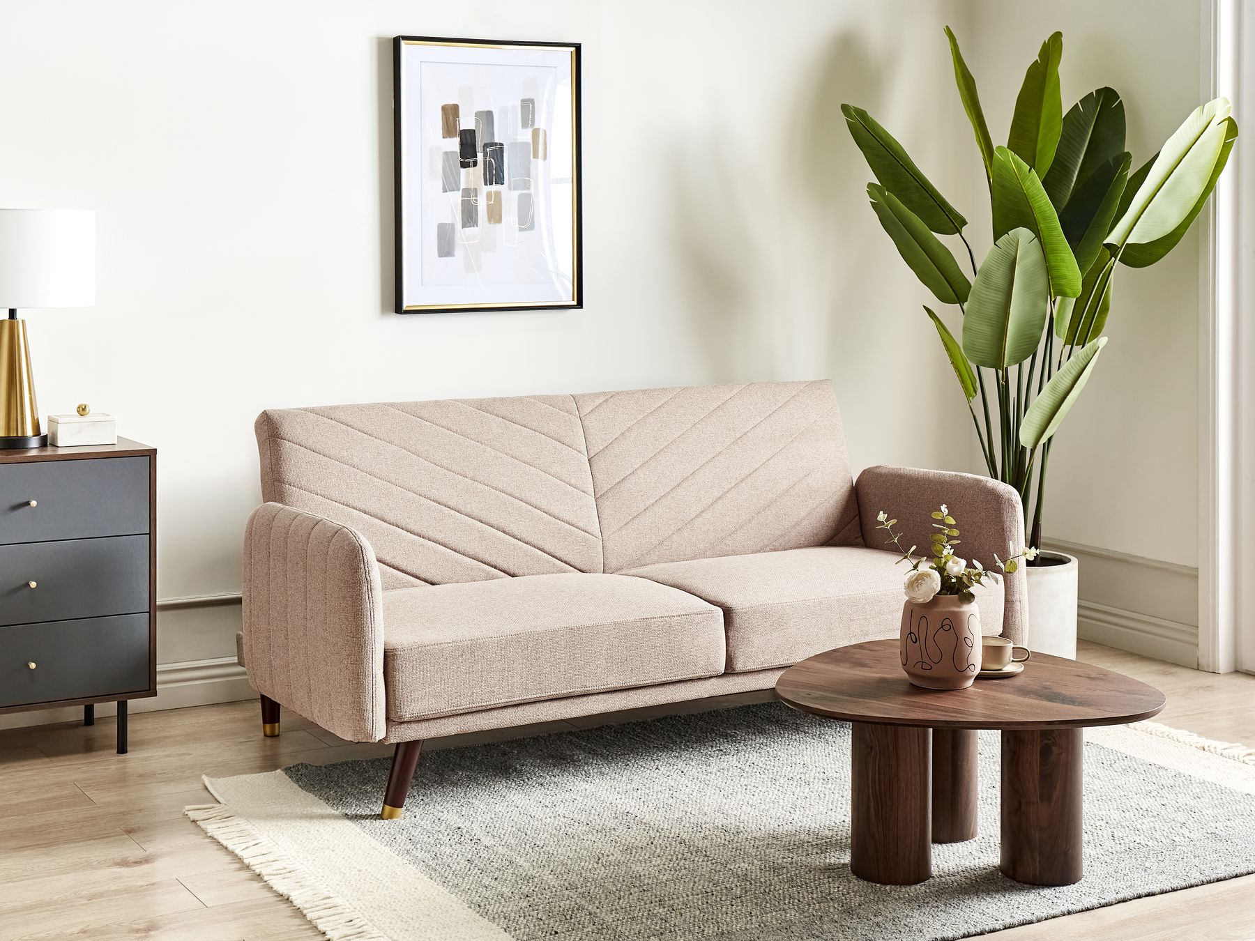 Sofa Bed SENJA Faux Linen Light Brown 3 Seater