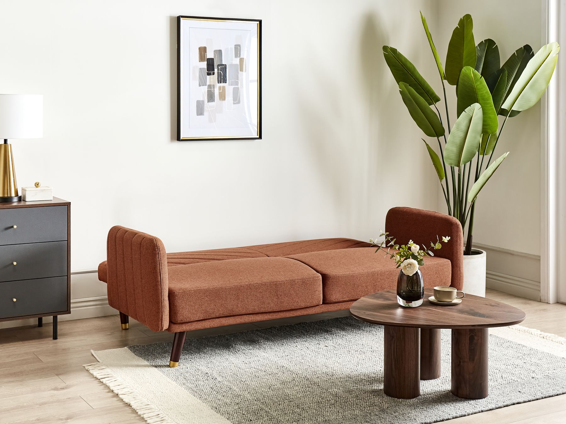 Sofa Bed SENJA Faux Linen Orange 3 Seater