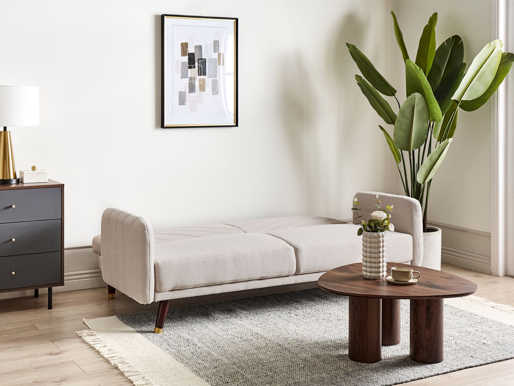 Sofa Bed SENJA Faux Linen Light Beige 3 Seater