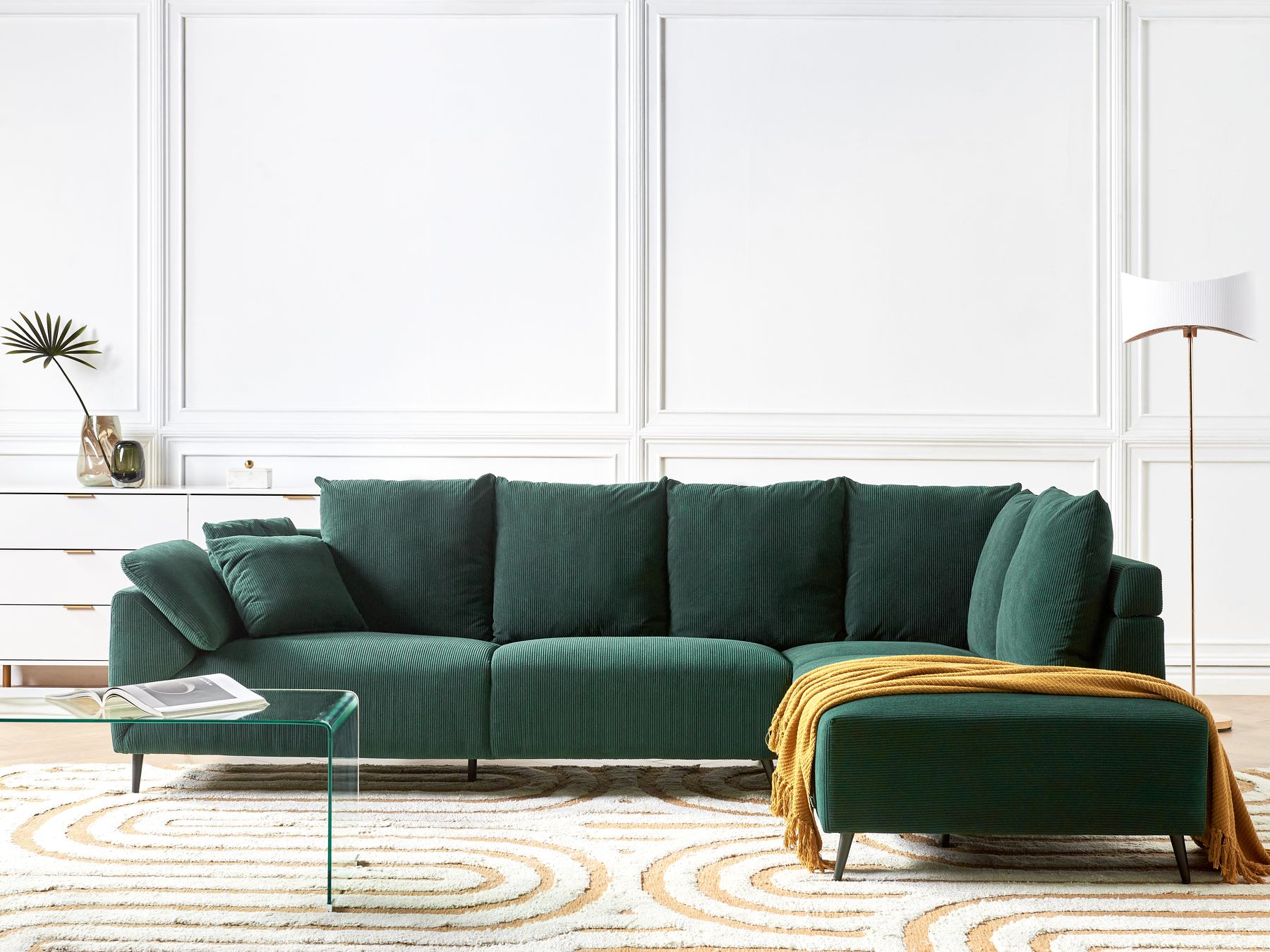 Corner Sofa LUNNER Corduroy Dark Green 4 Seater Left Hand